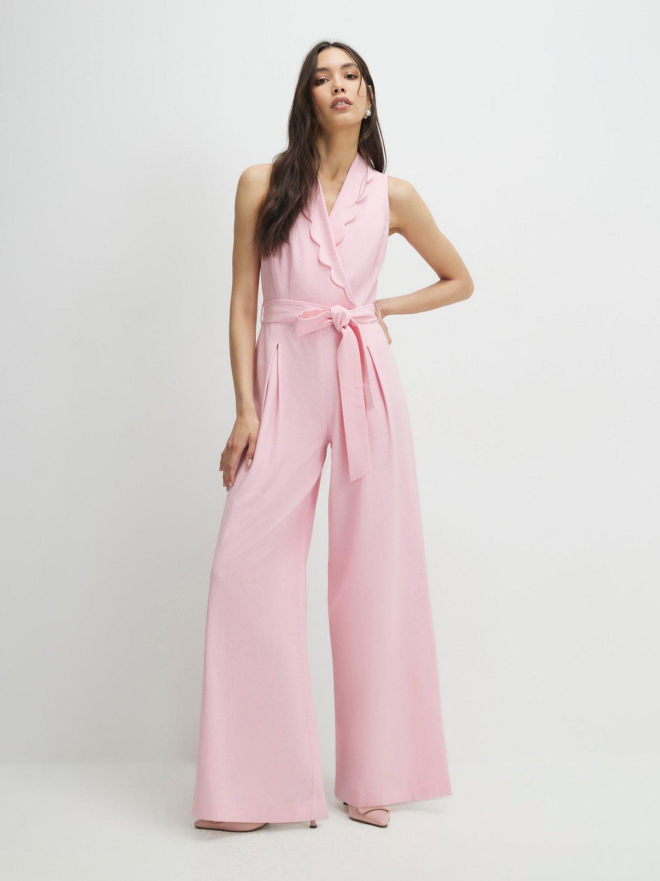Image 1 of 6 of River Island Scallop Linen Jumpsuit - Pink