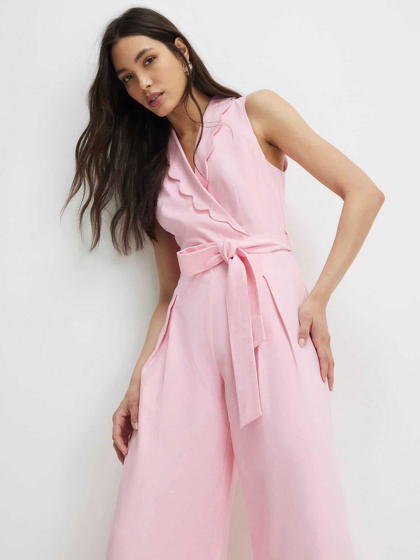 Image 4 of 6 of River Island Scallop Linen Jumpsuit - Pink