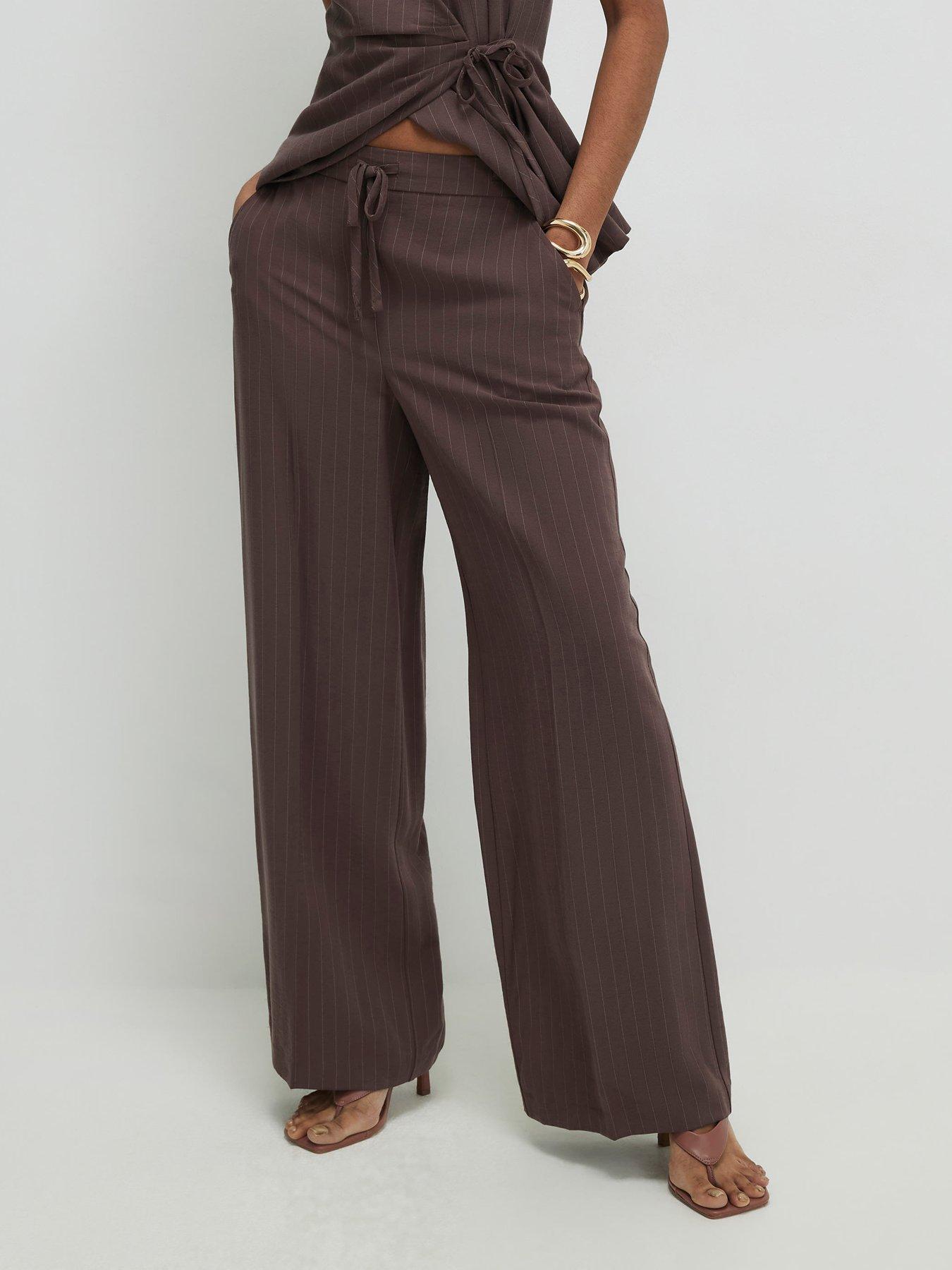 Image 1 of 4 of River Island Stripe Soft Tailored Co-ord Trouser - Brown