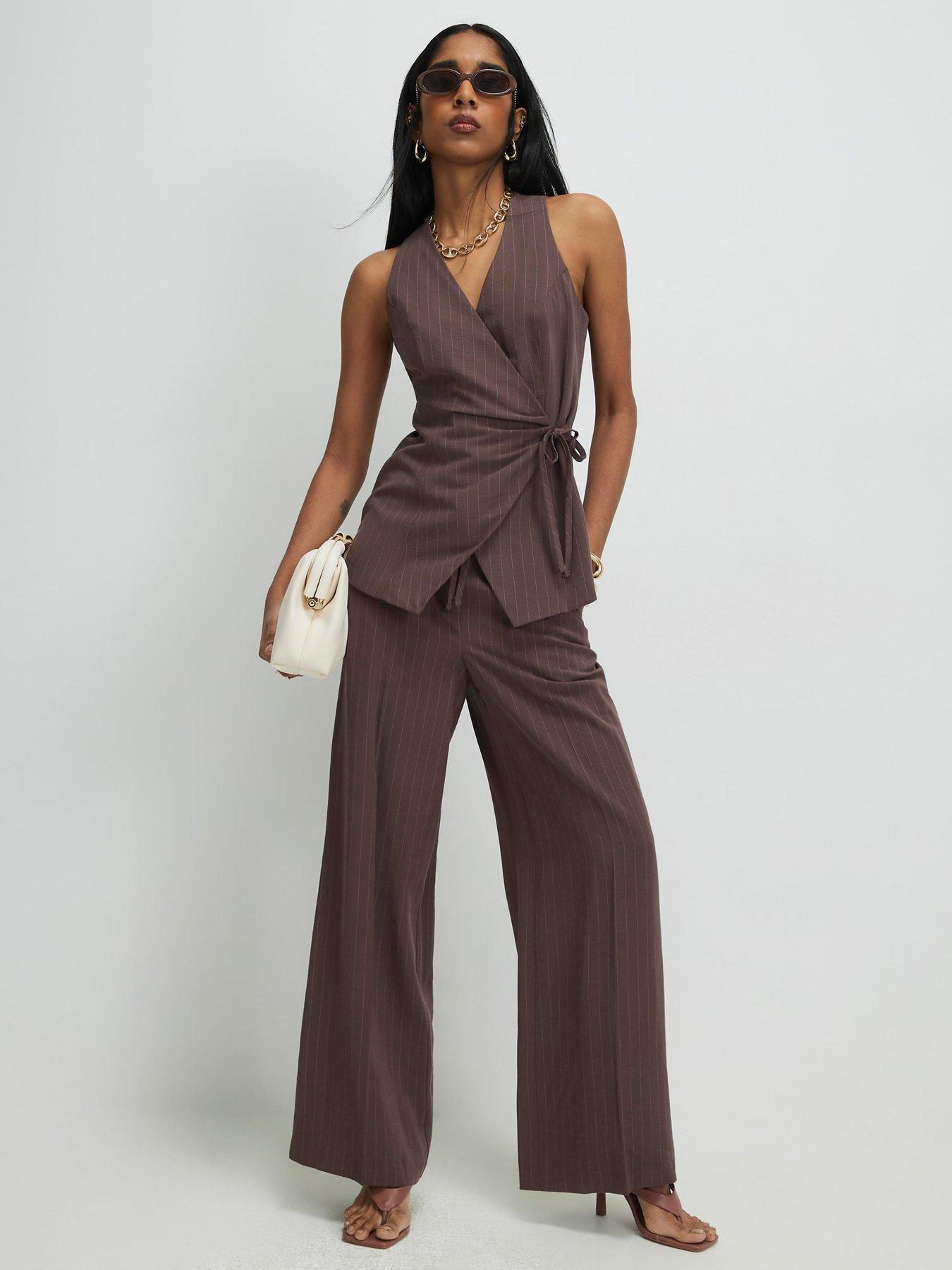 Image 3 of 4 of River Island Stripe Soft Tailored Co-ord Trouser - Brown