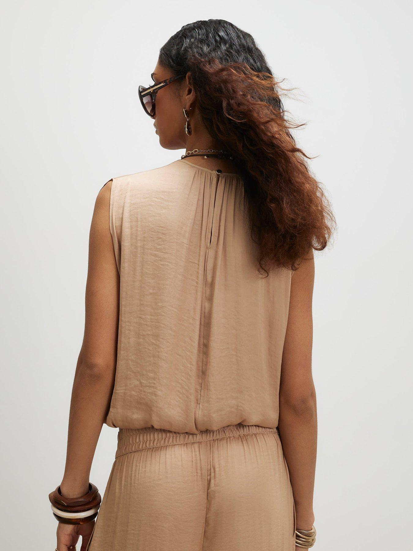 Image 2 of 4 of River Island Satin Airflow Bubble Hem Top - Beige