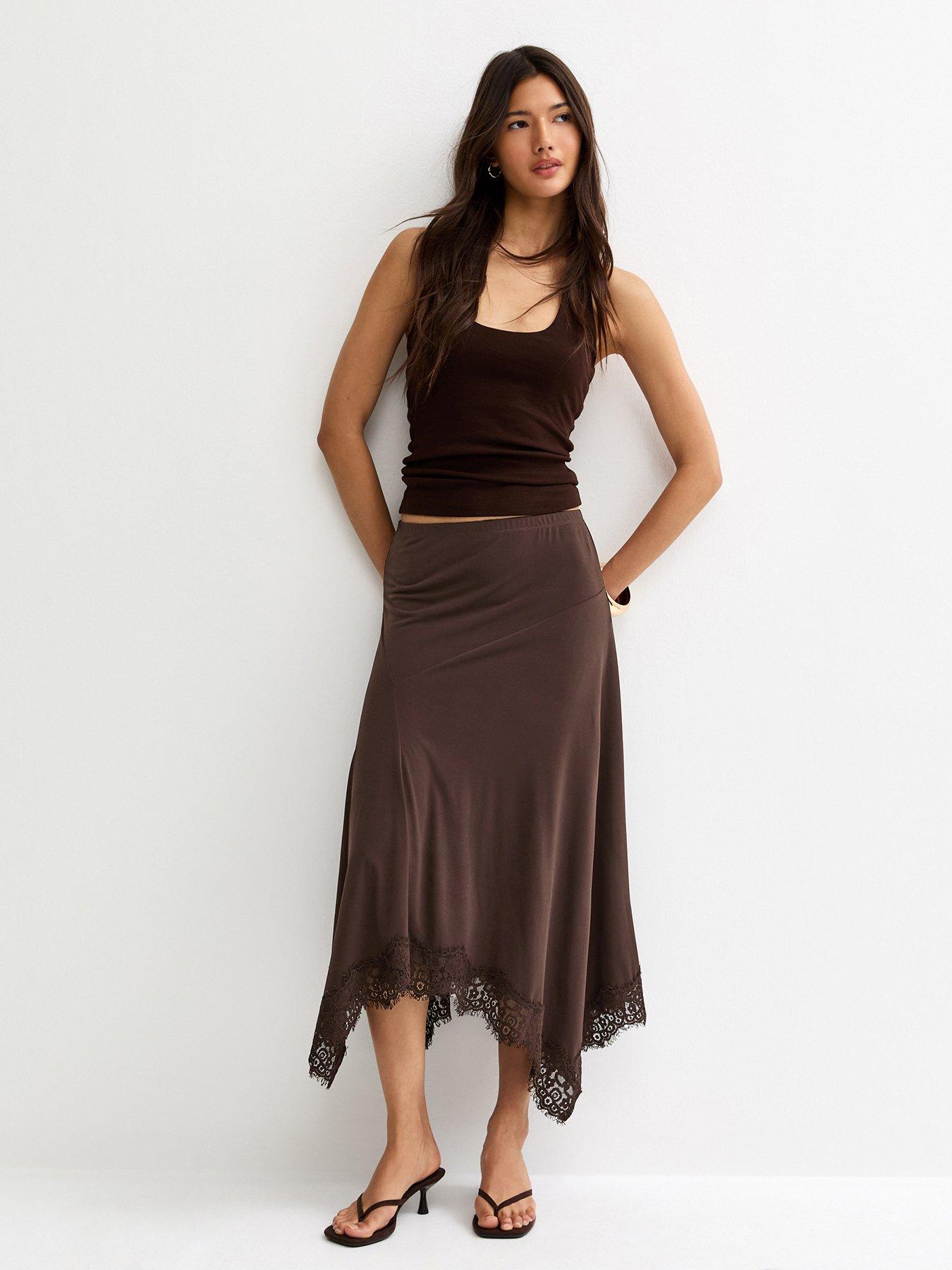 New Look Lace Trim Hanky Hem Midi Skirt - Dark Brown