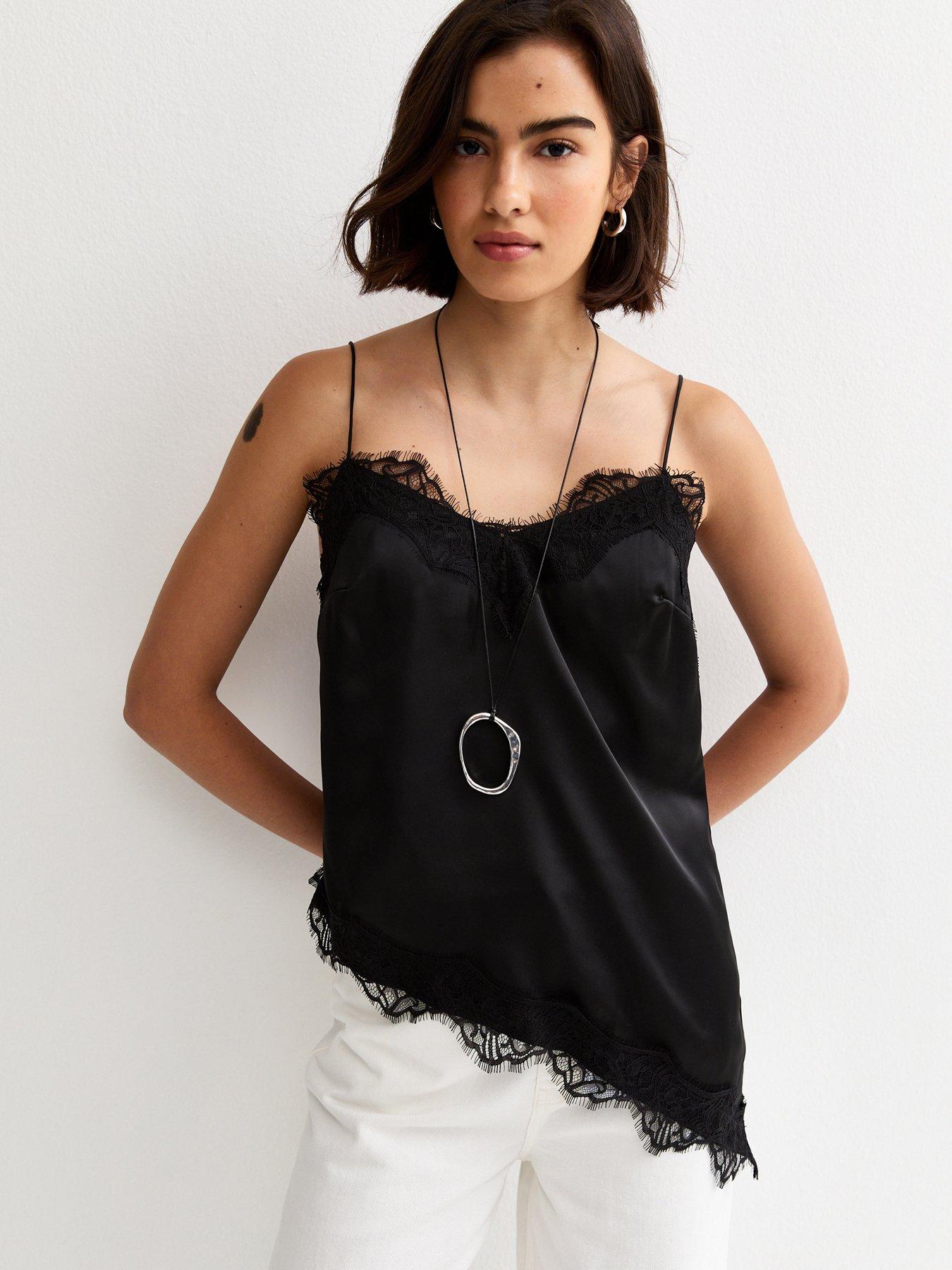 Image 1 of 5 of New Look Asymmetric Lace Cami Top - Black&nbsp;