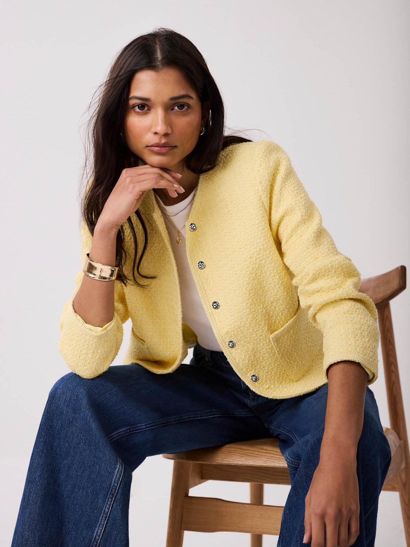 Image 1 of 7 of Mint Velvet Yellow Curved Boucle Jacket