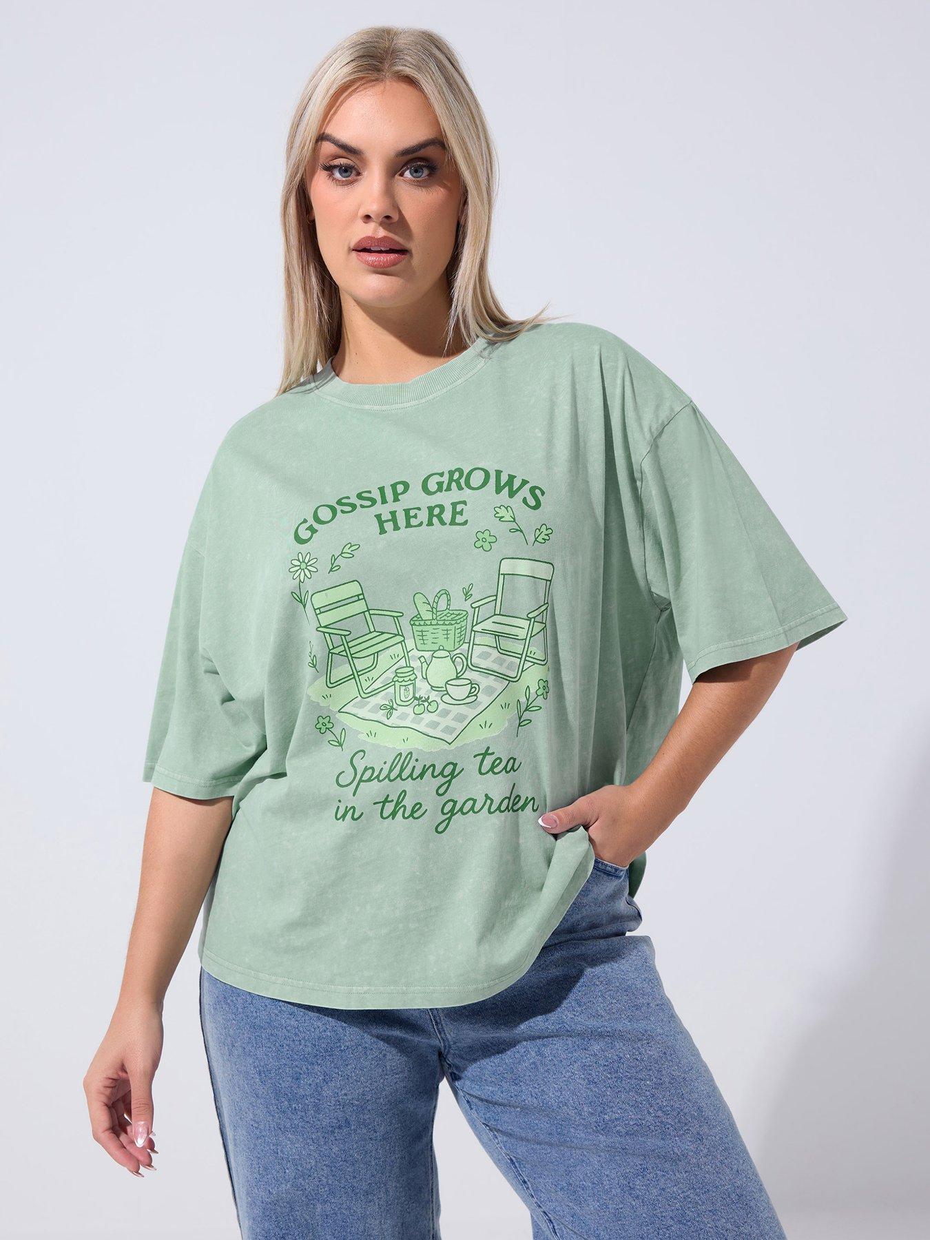 Yours Curve Acid Wash T-Shirt - Green