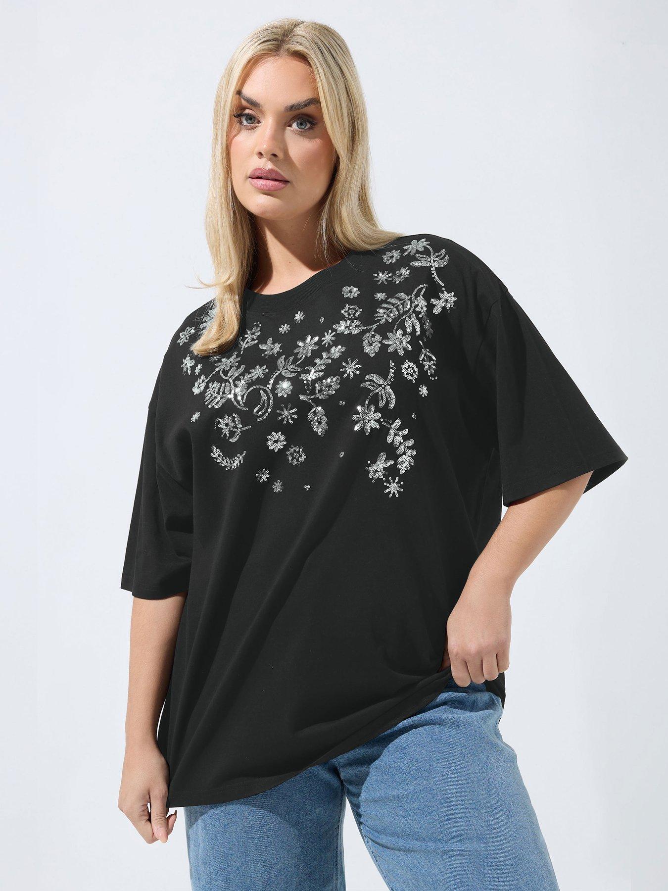 yours-curve-sequin-floral-t-shirt-blackfront