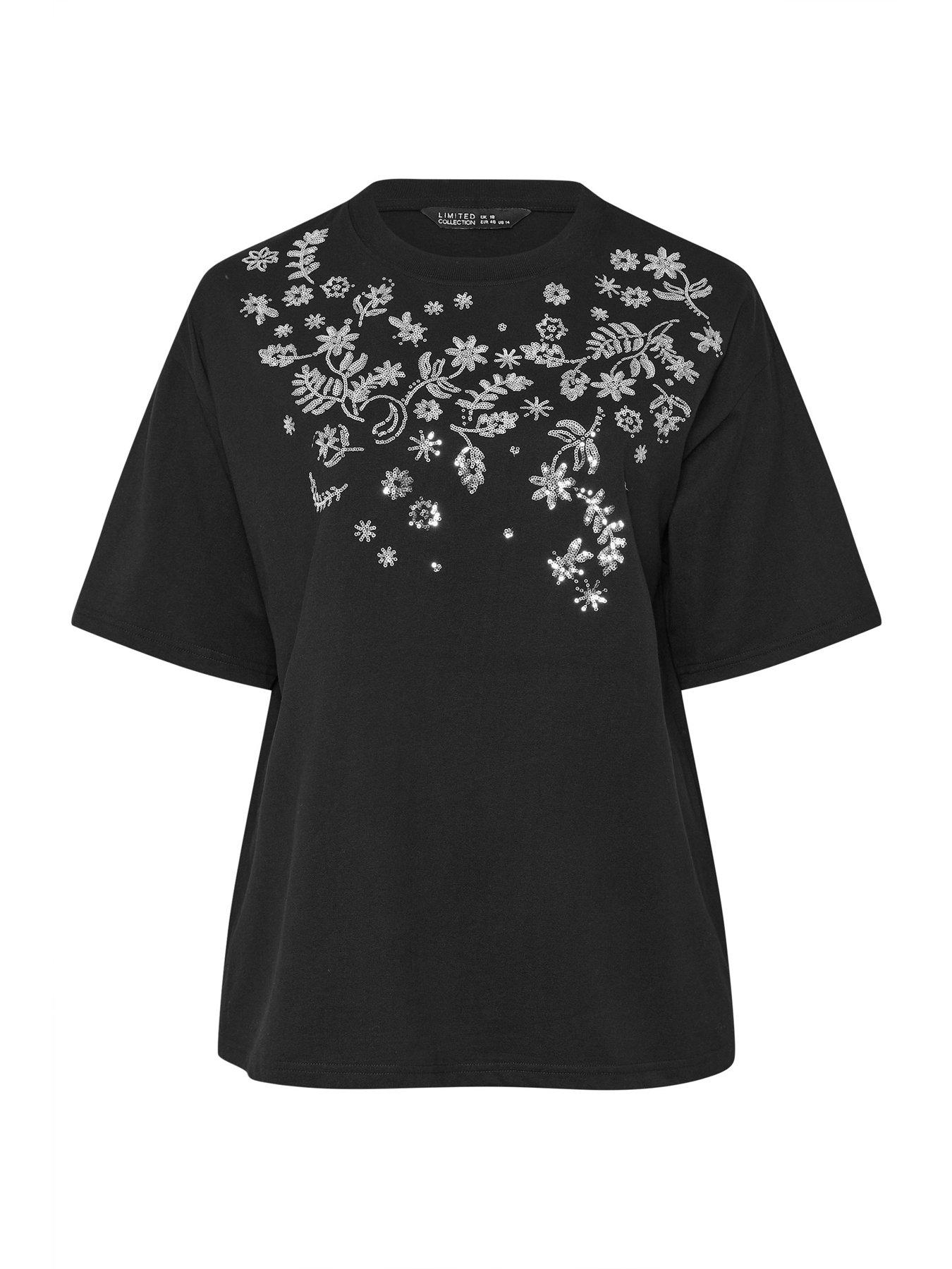 yours-curve-sequin-floral-t-shirt-blackdetail