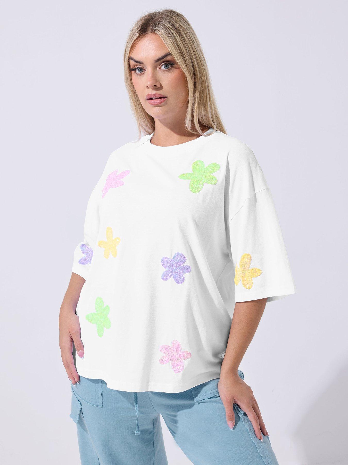 Yours Curve Sequin Floral T-Shirt - White
