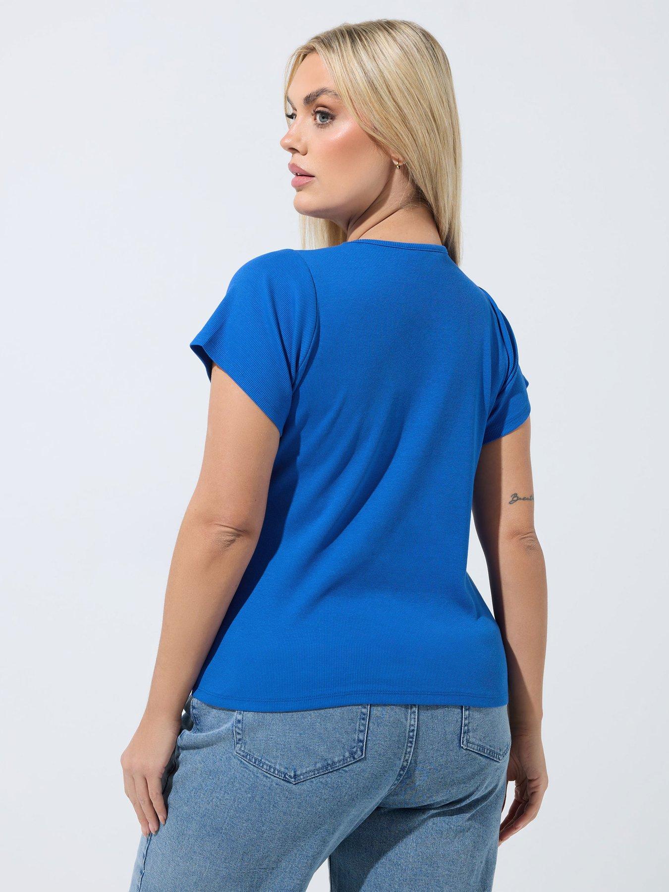 yours-curve-short-sleeve-button-ribbed-top-bluestillFront