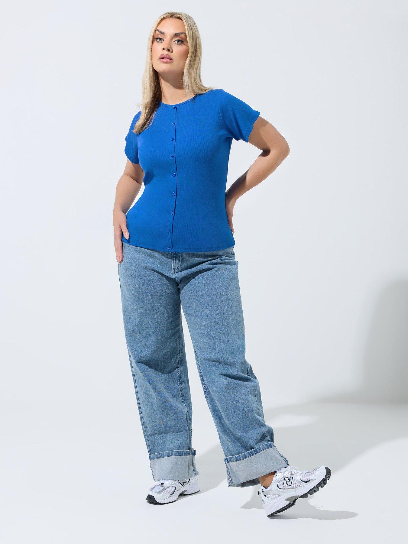 yours-curve-short-sleeve-button-ribbed-top-blueback