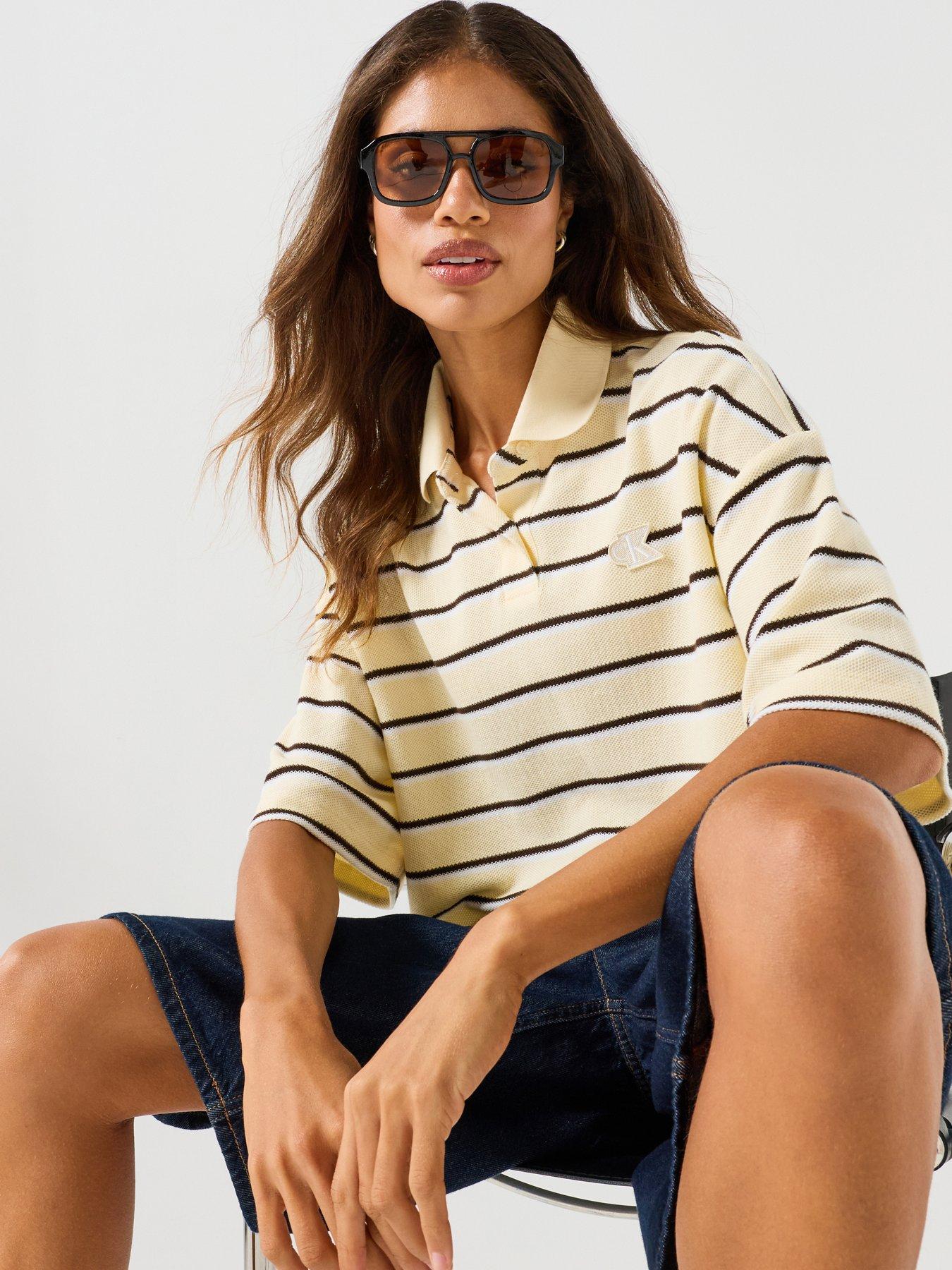Calvin Klein Jeans Short Sleeve Cropped Pique Striped Polo - Yellow