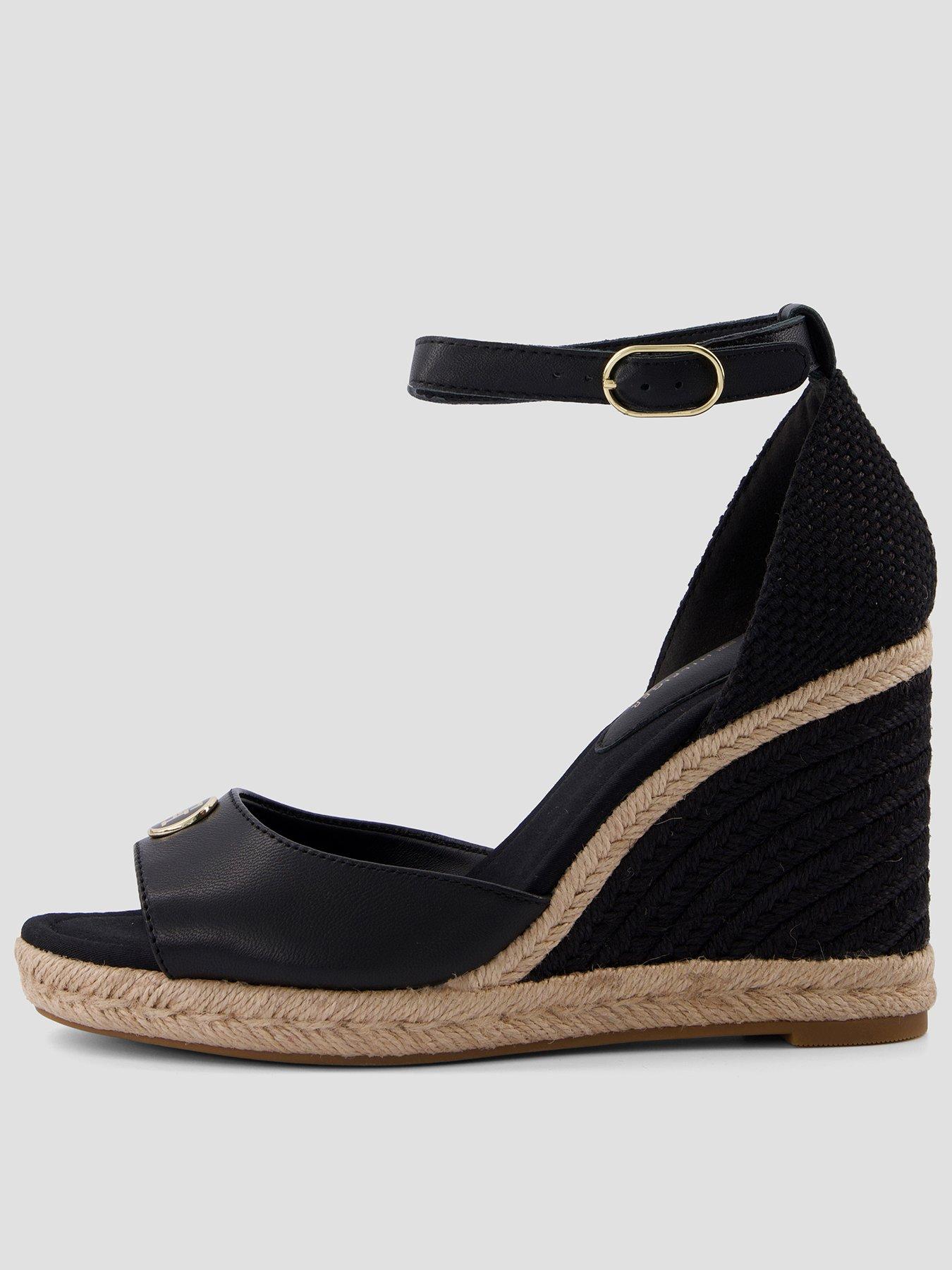 Tommy Hilfiger Logo Plaque Leather Wedge Heel Espadrilles - Black