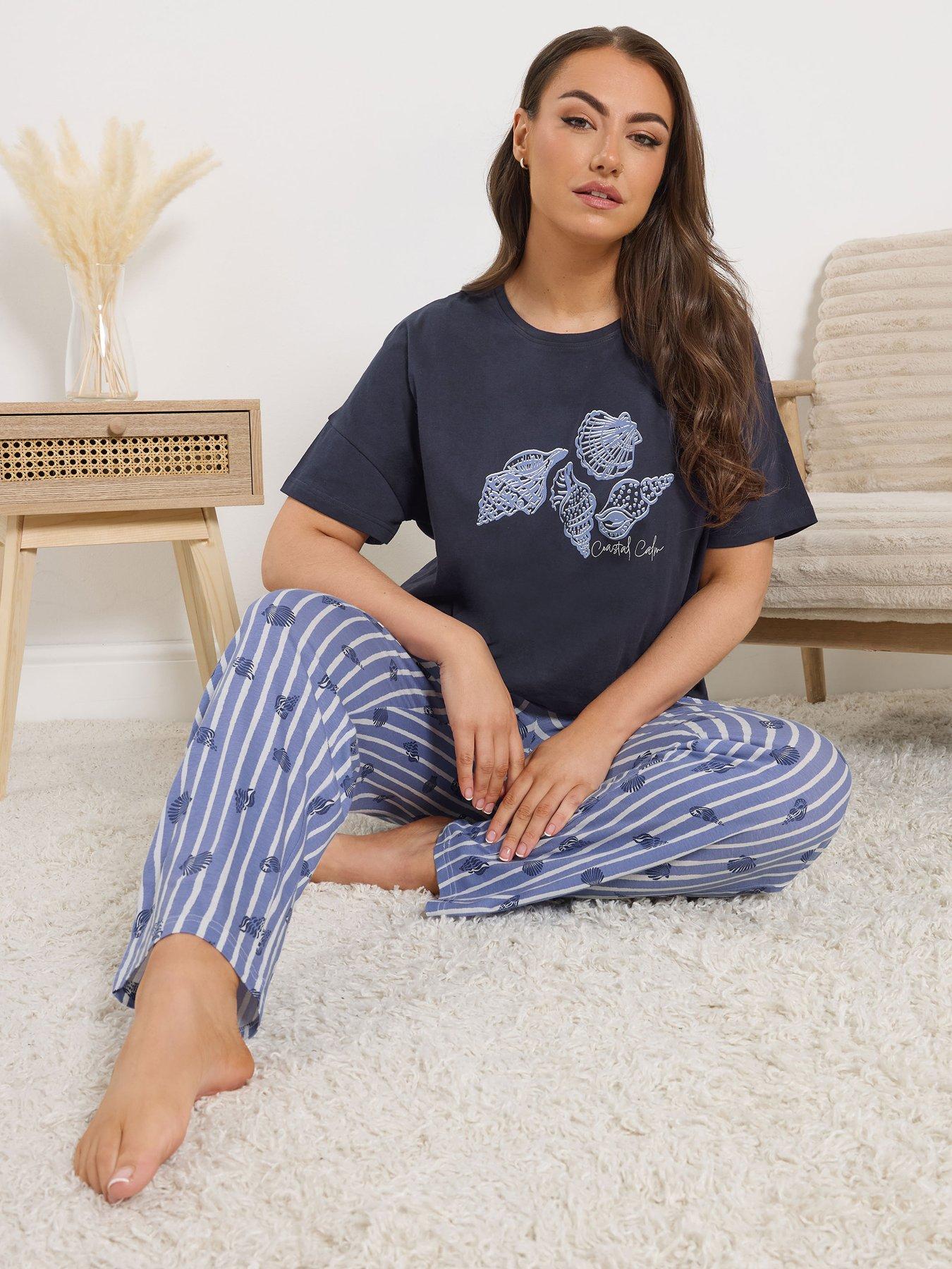 yours-curve-shell-stripe-wide-leg-pyjama-set-bluefront