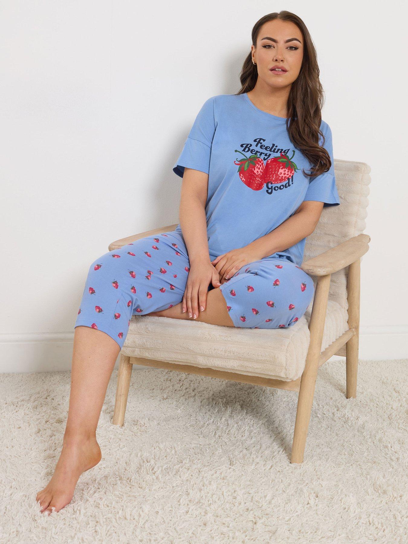 Image 1 of 5 of Yours Curve Berry Short Sleeve Crop Pyjama Set - Blue