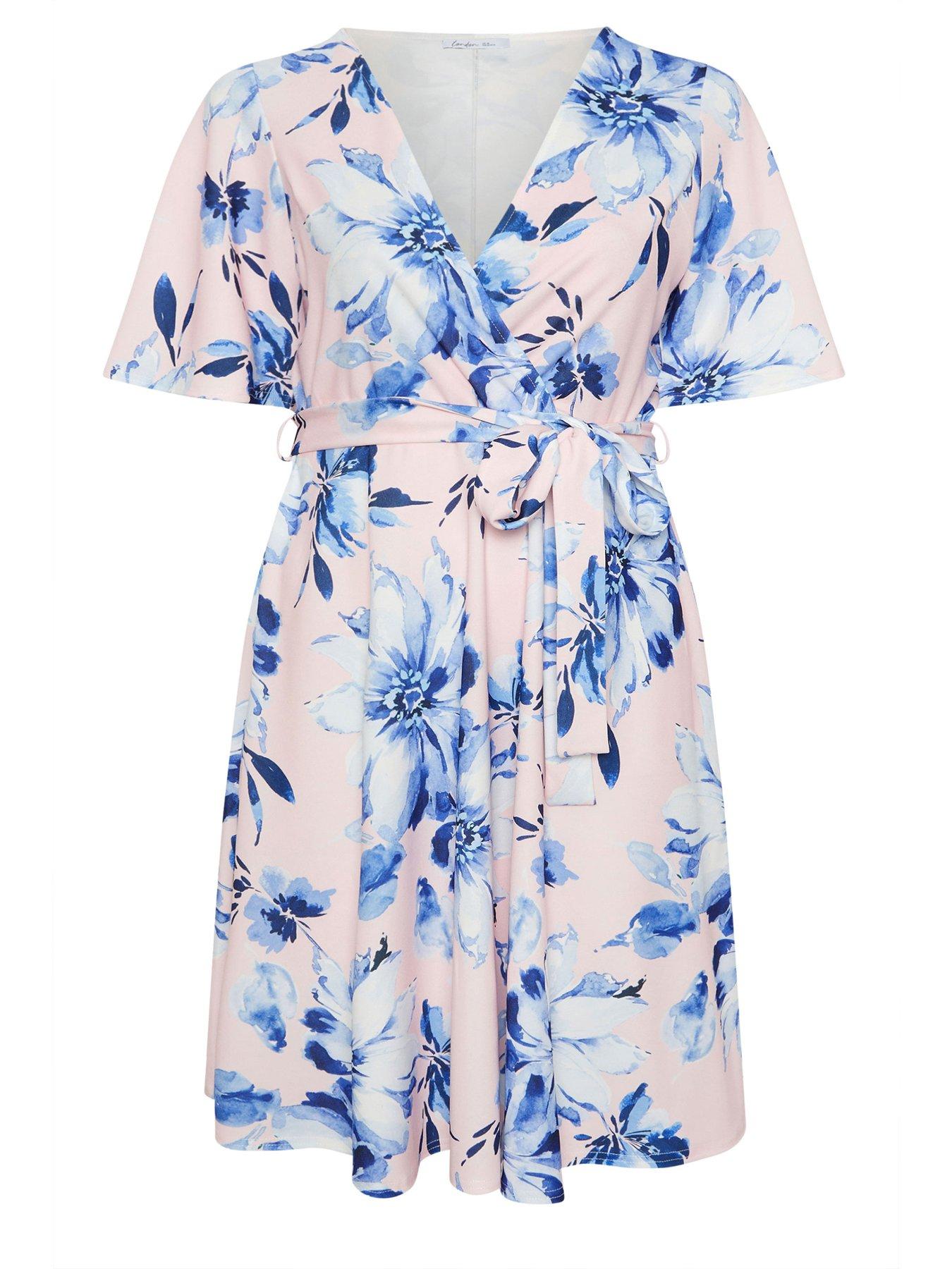 Image 5 of 5 of Yours Curve Floral Wrap Dress - Pink/Blue