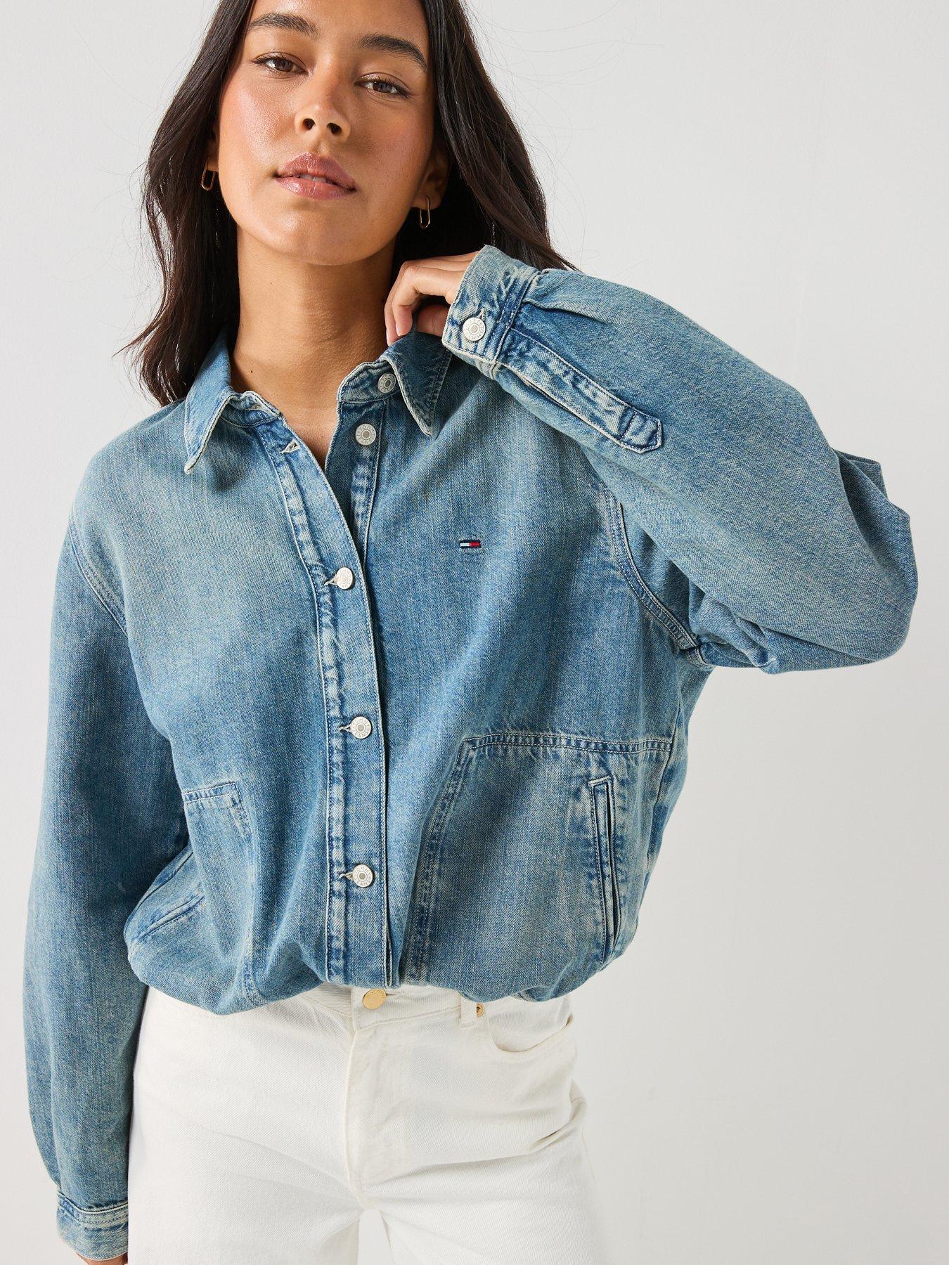 Image 1 of 6 of Tommy Jeans Drawstring Hem Relaxed Linen Denim Jacket - Denim Medium