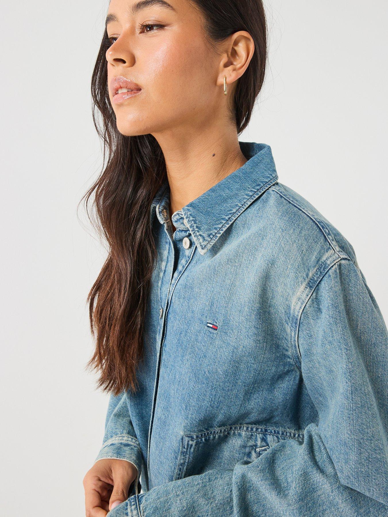 Image 4 of 6 of Tommy Jeans Drawstring Hem Relaxed Linen Denim Jacket - Denim Medium