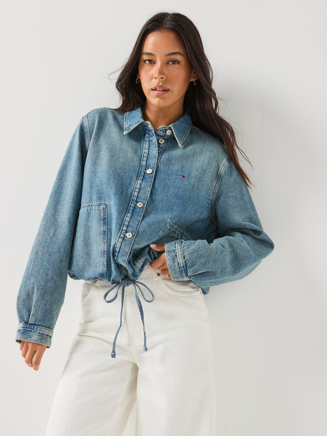 Image 5 of 6 of Tommy Jeans Drawstring Hem Relaxed Linen Denim Jacket - Denim Medium