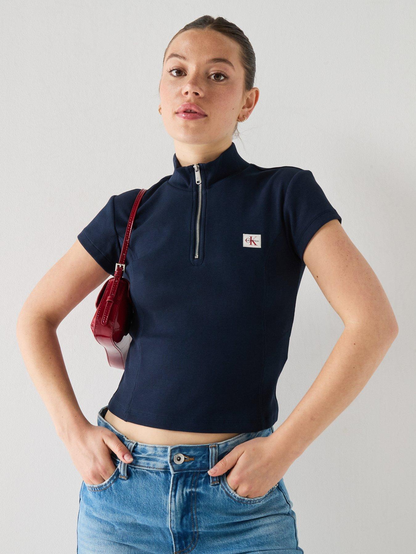 Image 1 of 5 of Calvin Klein Jeans Short Sleeve Baby Rib Zip Top - Navy