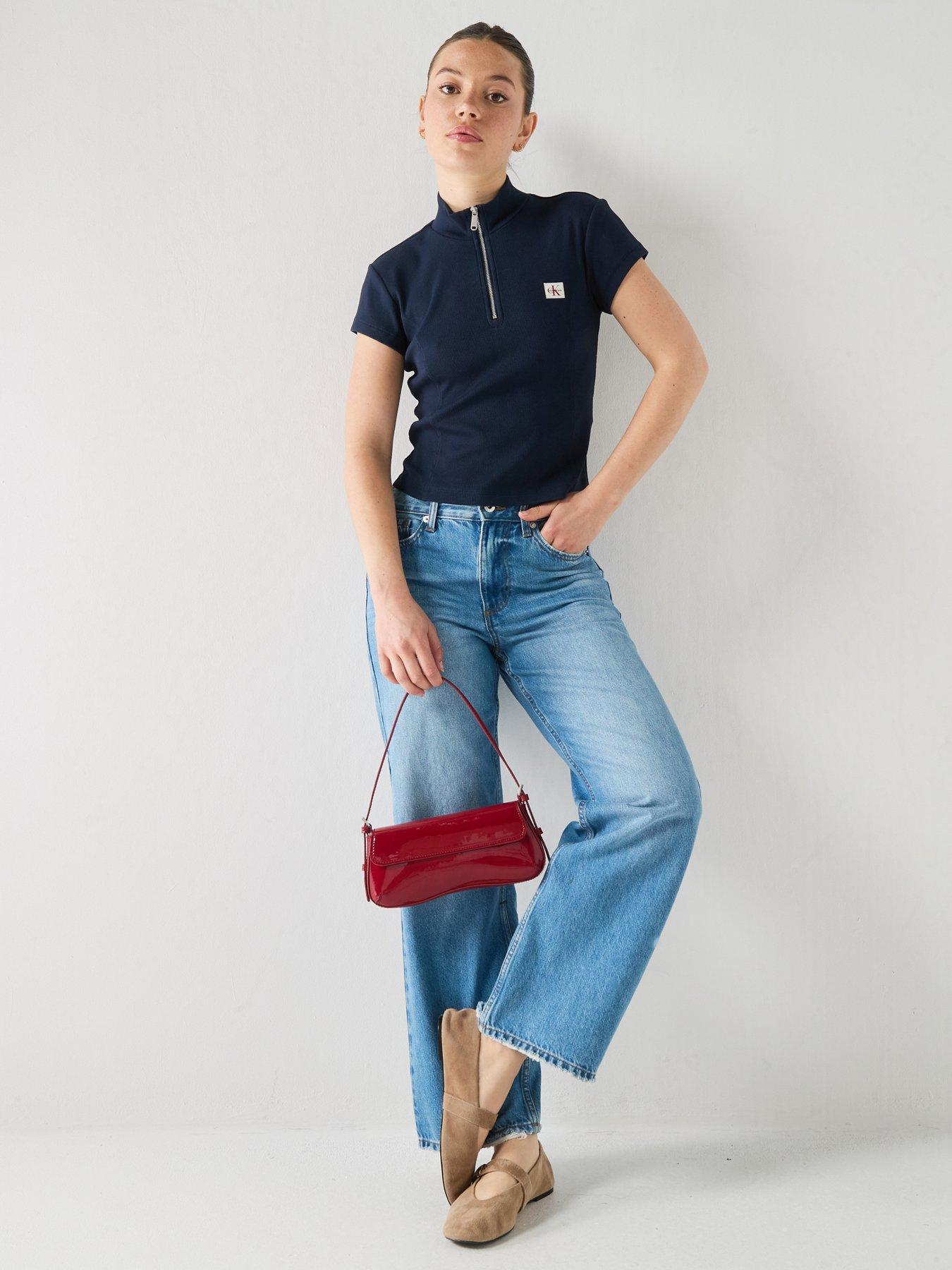 Image 3 of 5 of Calvin Klein Jeans Short Sleeve Baby Rib Zip Top - Navy