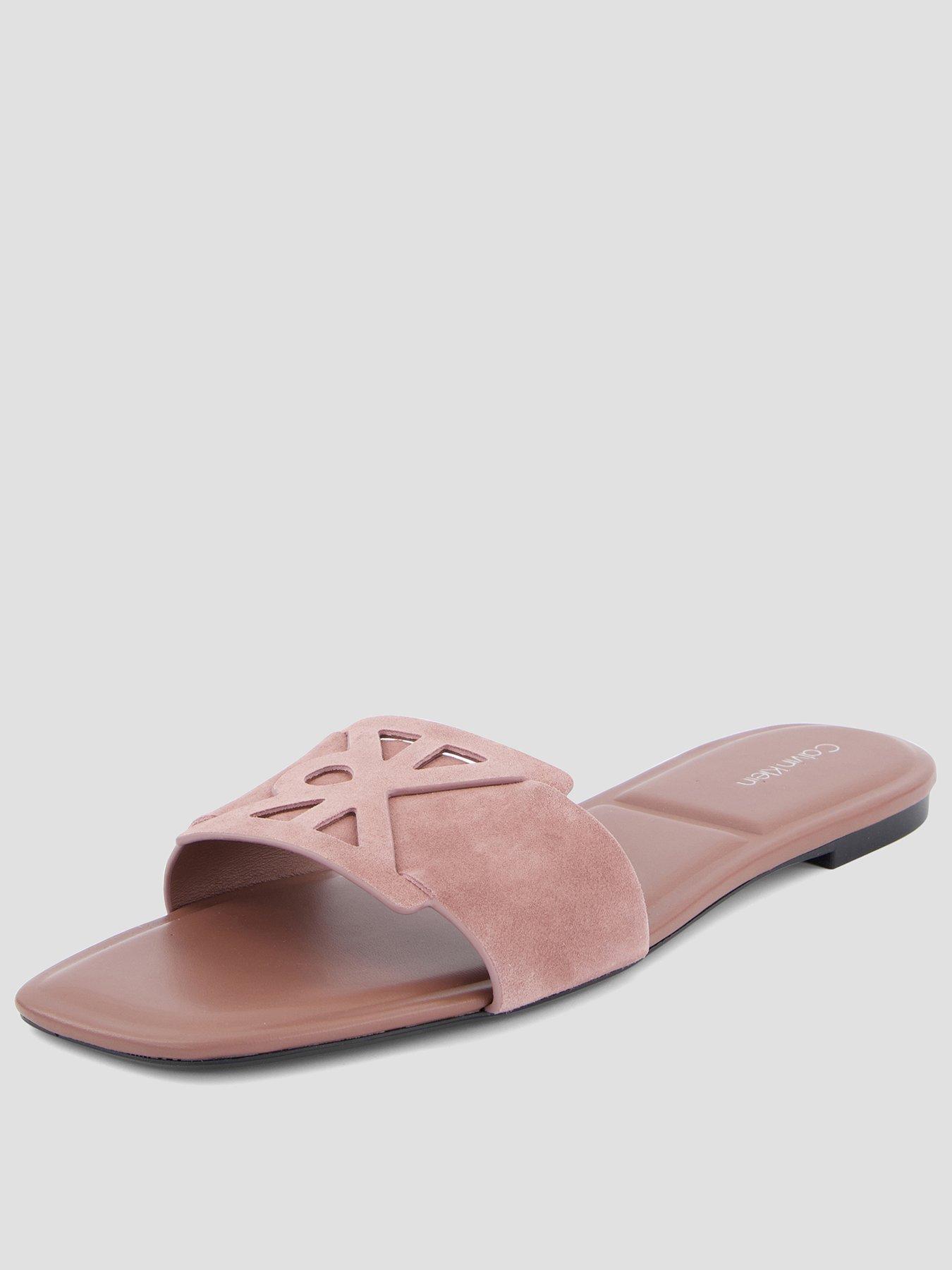 Image 1 of 7 of Calvin Klein Square Flat Sndl Embl Suede Sandals - Brown