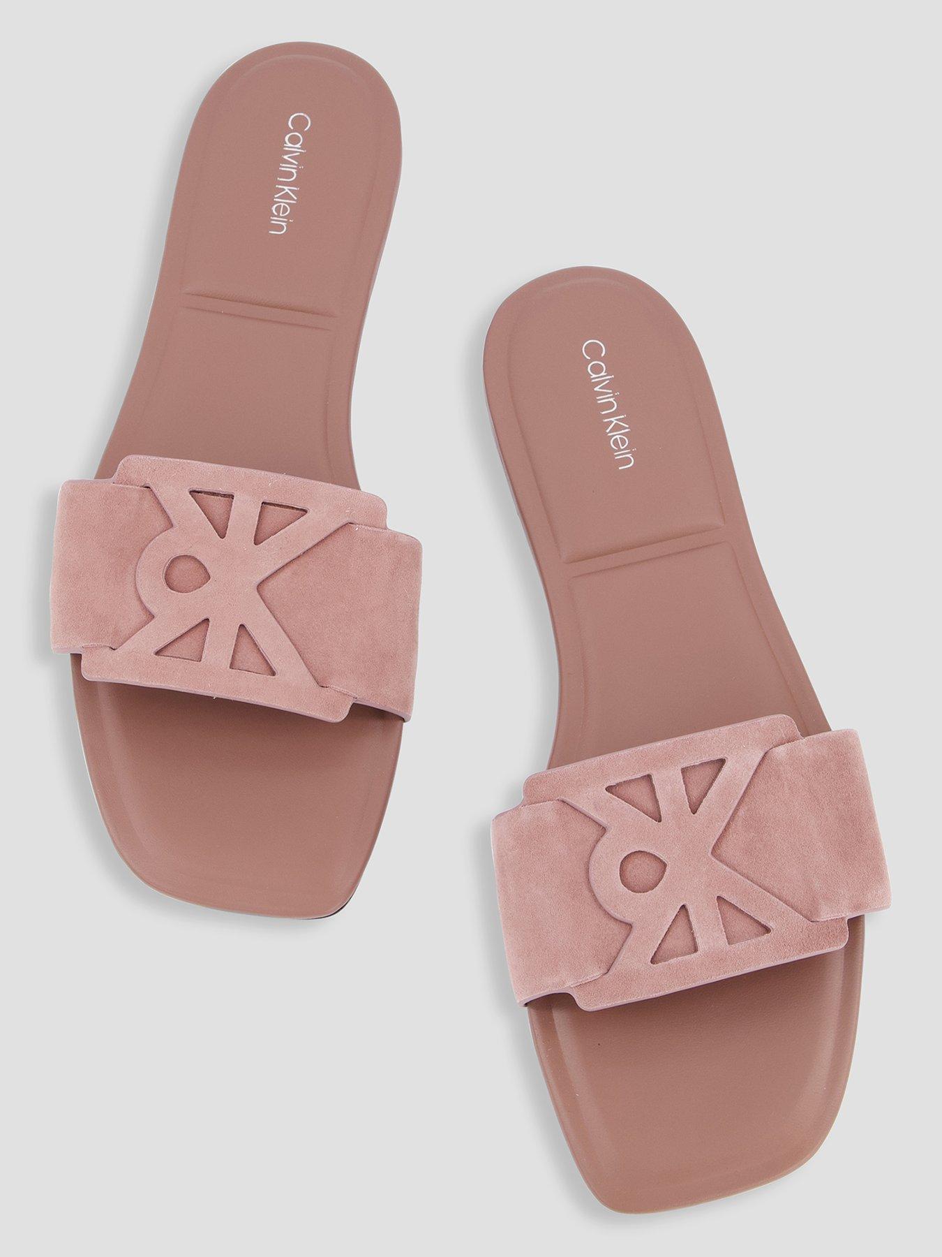 Image 3 of 7 of Calvin Klein Square Flat Sndl Embl Suede Sandals - Brown