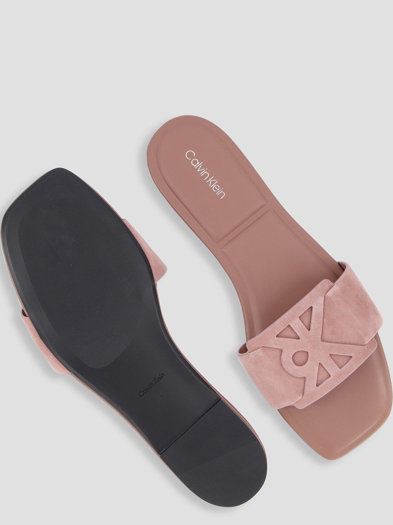 Image 4 of 7 of Calvin Klein Square Flat Sndl Embl Suede Sandals - Brown