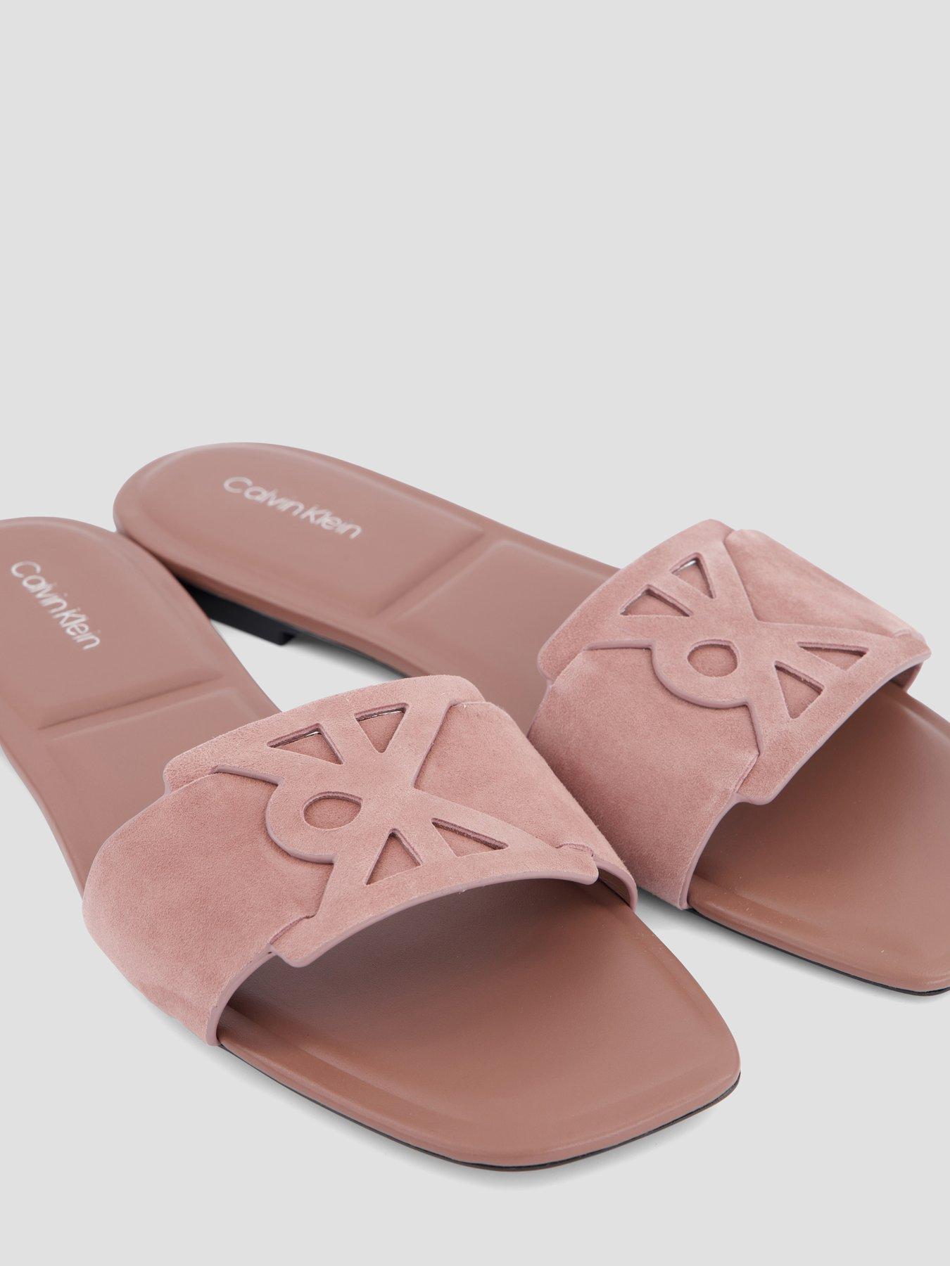 Image 5 of 7 of Calvin Klein Square Flat Sndl Embl Suede Sandals - Brown