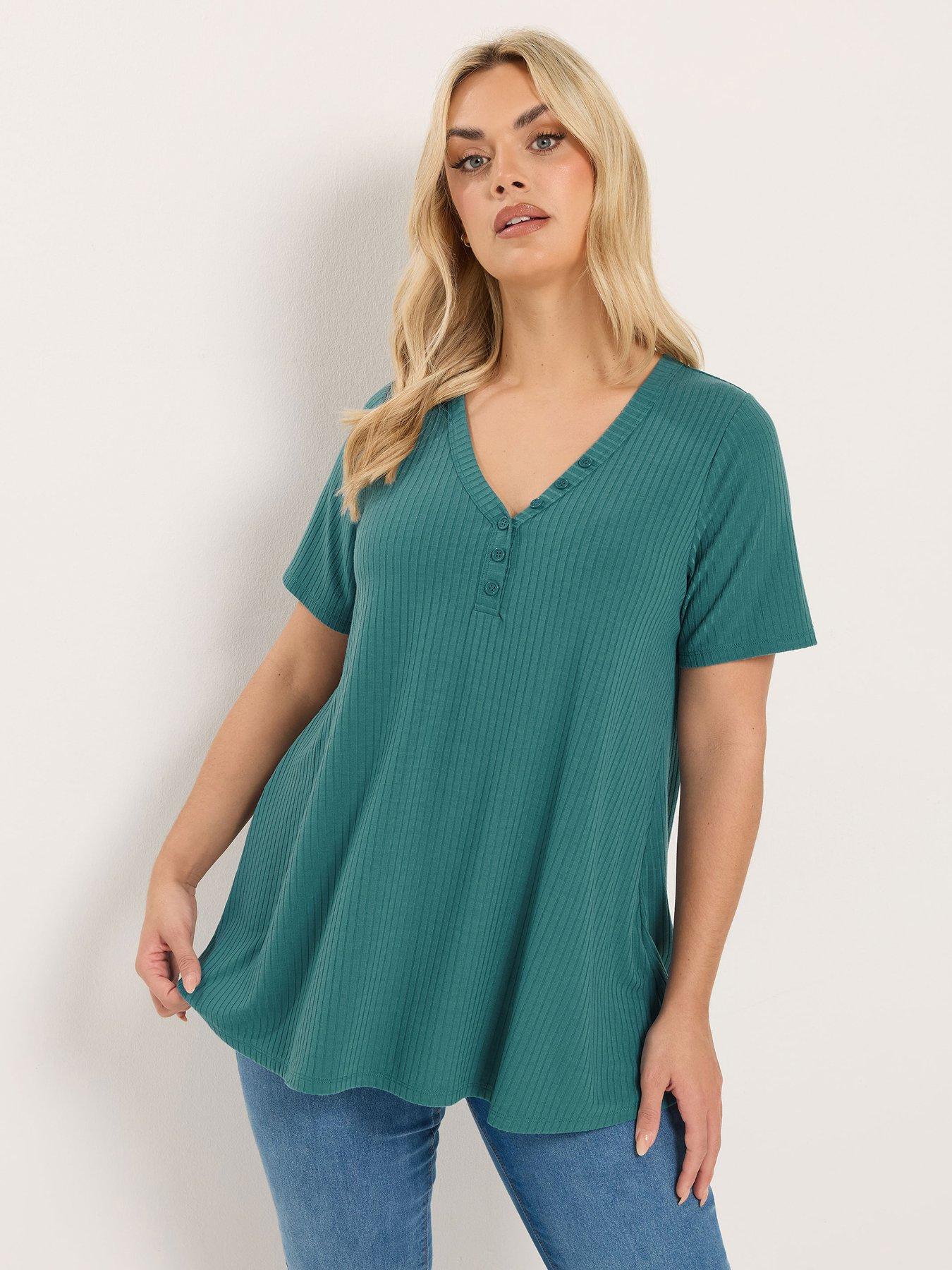Image 1 of 5 of Yours Curve Short Sleeve Henley T-Shirt - Blue