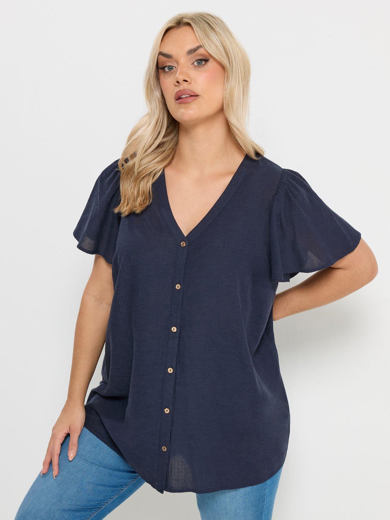 yours-curve-linen-short-sleeve-blouse-bluefront