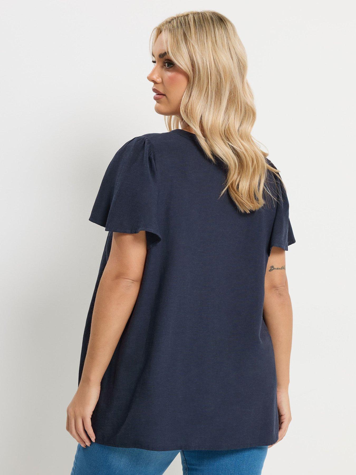 yours-curve-linen-short-sleeve-blouse-bluestillFront
