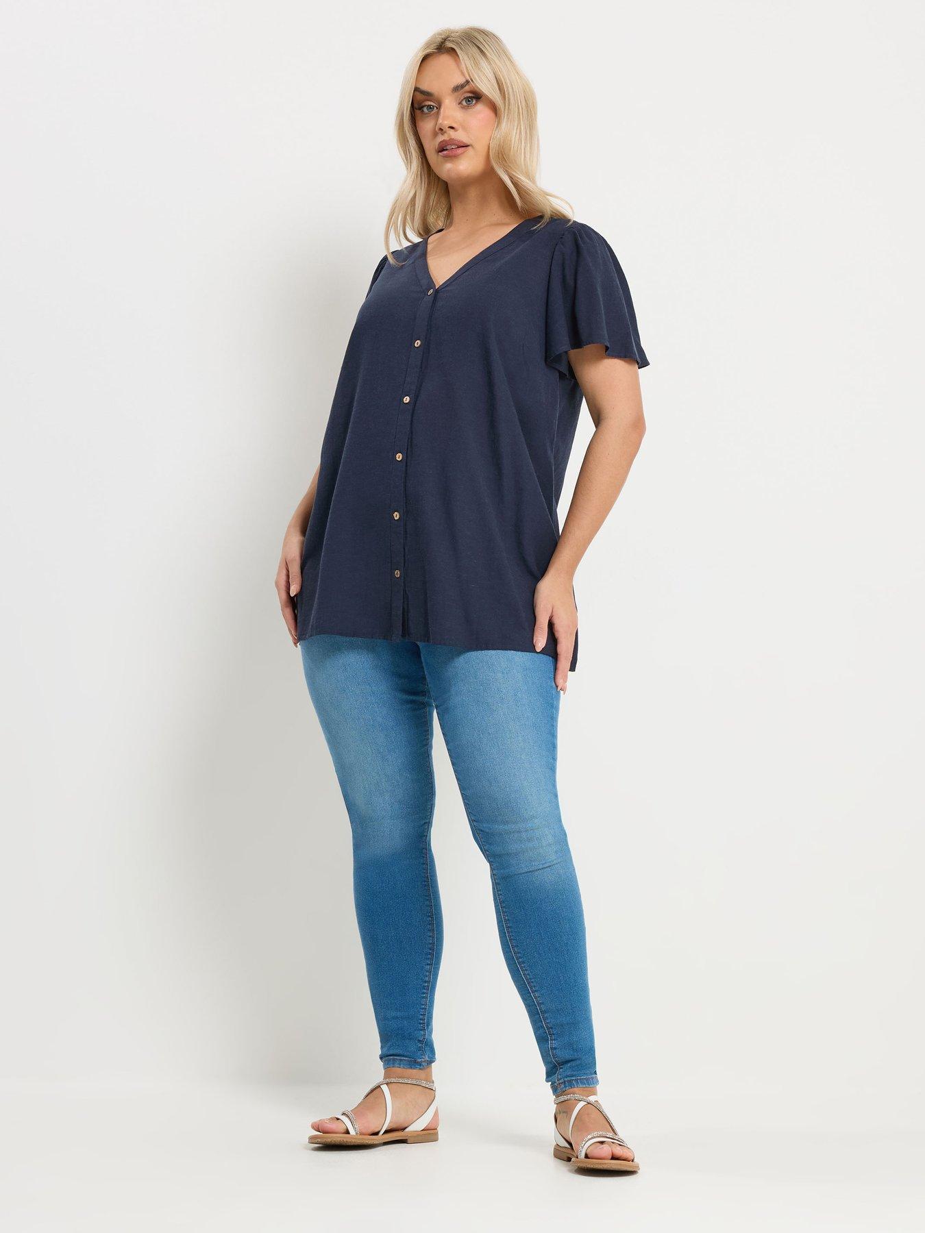 yours-curve-linen-short-sleeve-blouse-blueback
