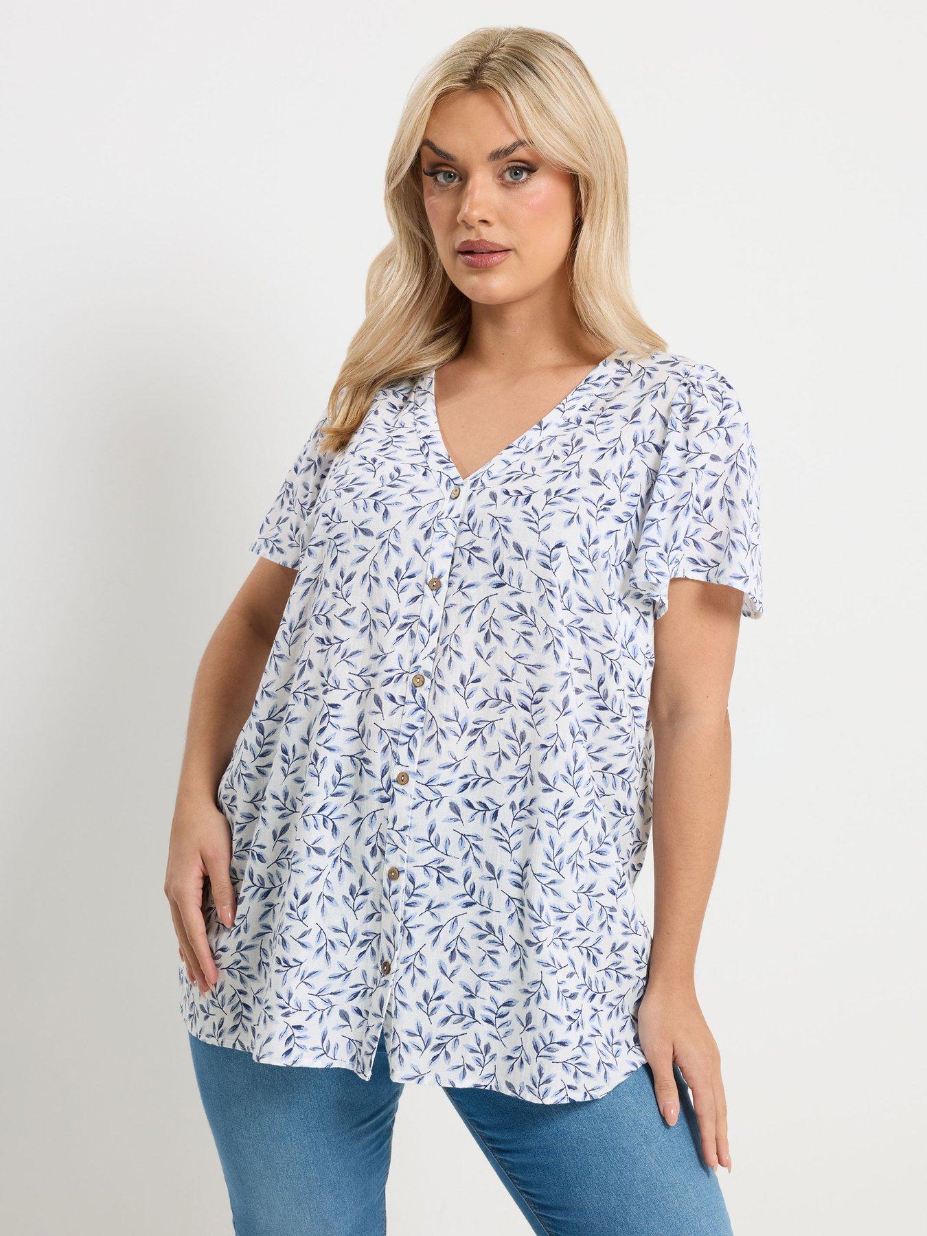 yours-curve-linen-short-sleeve-blouse-bluefront