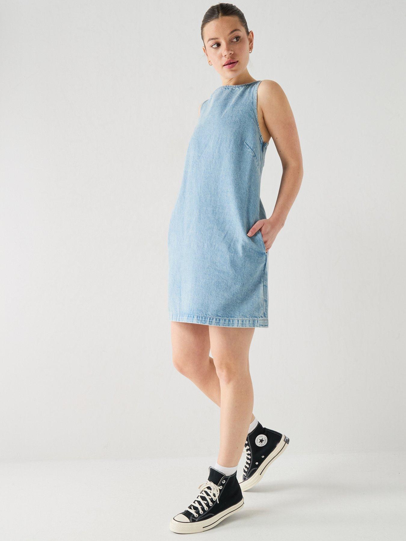Image 1 of 5 of Calvin Klein Jeans V-Neck Denim Shift Dress - CK Aquatic