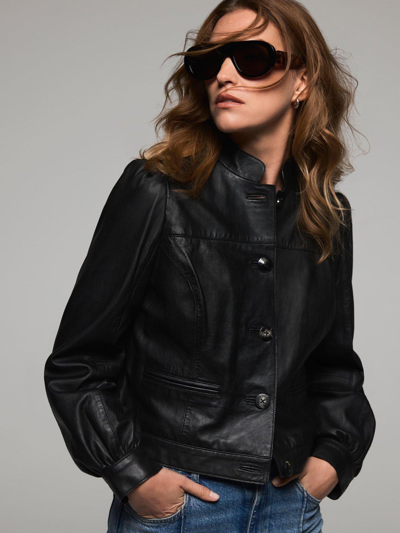Image 1 of 6 of Mint Velvet Leather Puff Sleeve Jacket - Black