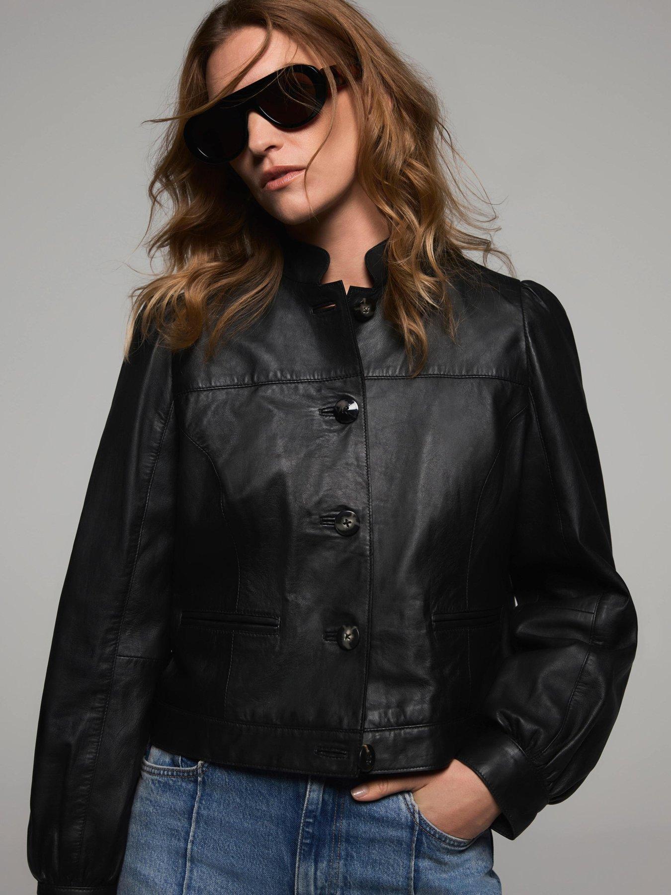 Image 2 of 6 of Mint Velvet Leather Puff Sleeve Jacket - Black