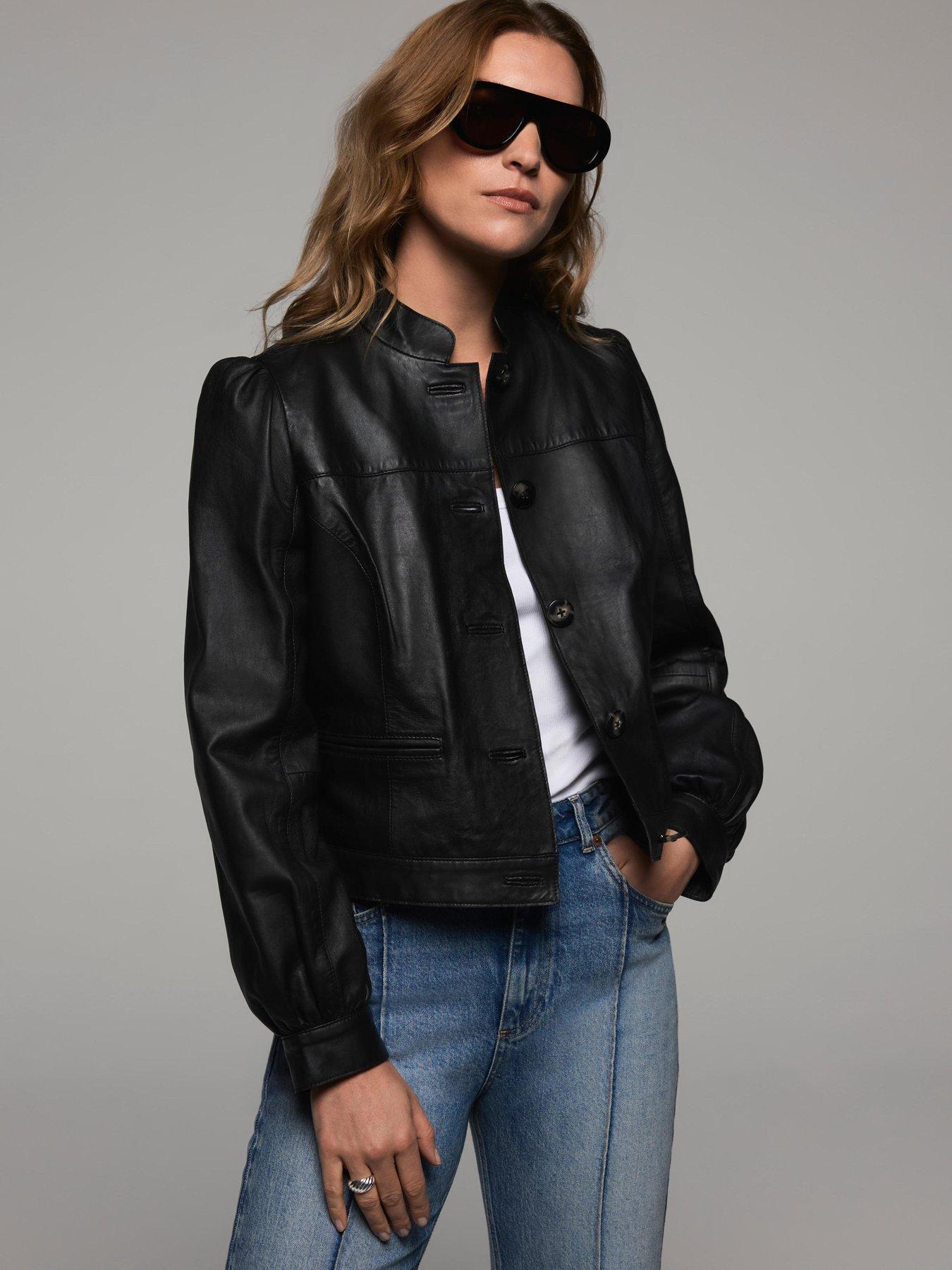 Image 3 of 6 of Mint Velvet Leather Puff Sleeve Jacket - Black
