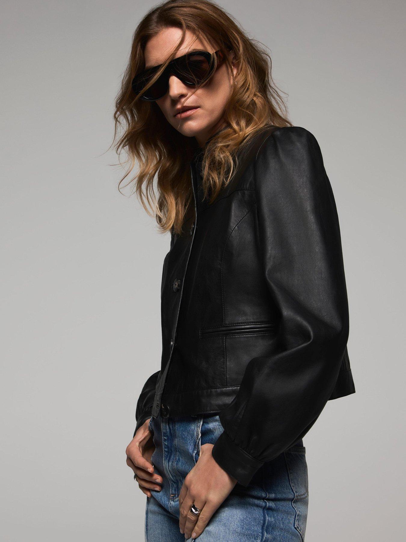Image 4 of 6 of Mint Velvet Leather Puff Sleeve Jacket - Black
