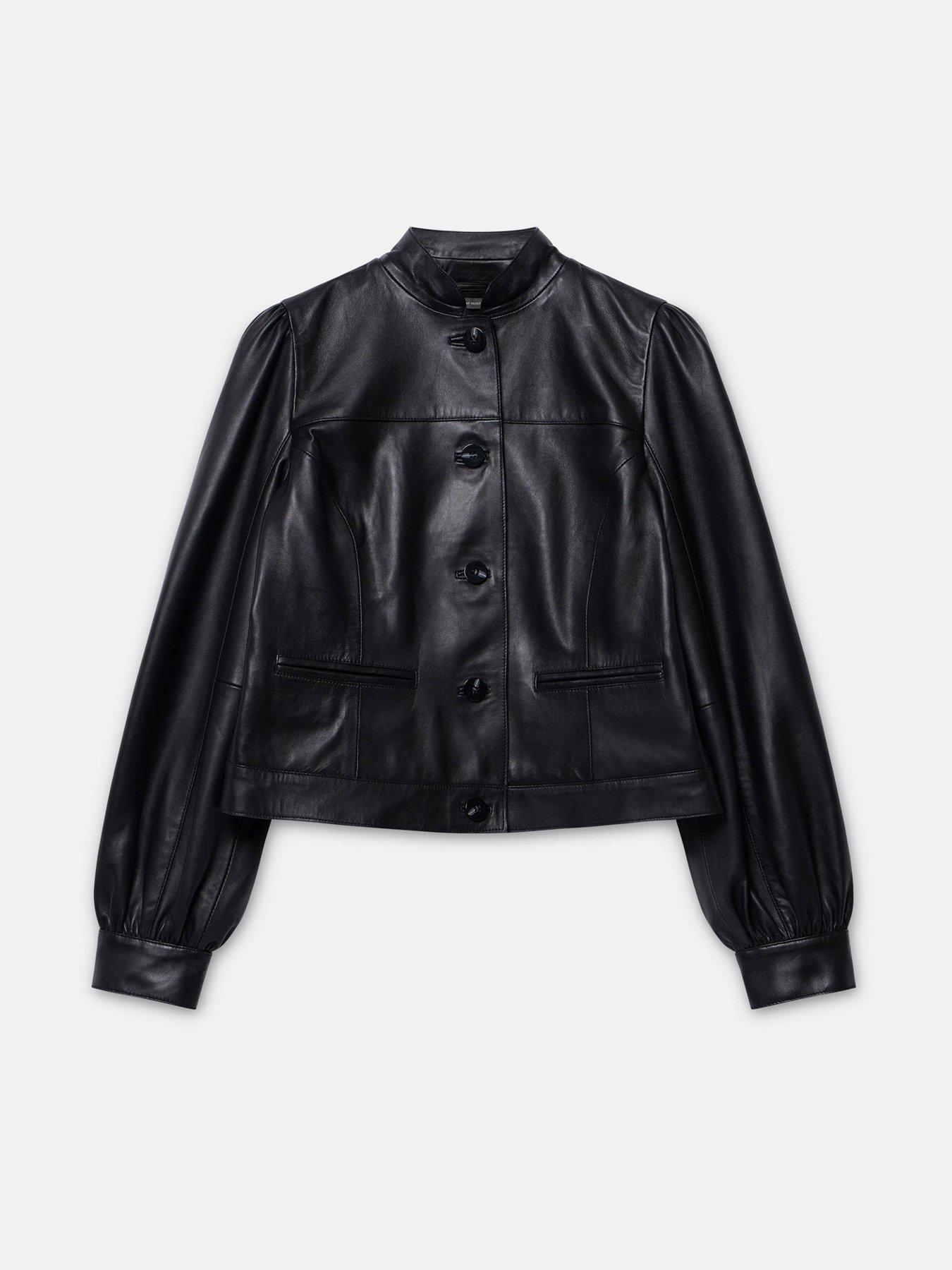 Image 5 of 6 of Mint Velvet Leather Puff Sleeve Jacket - Black