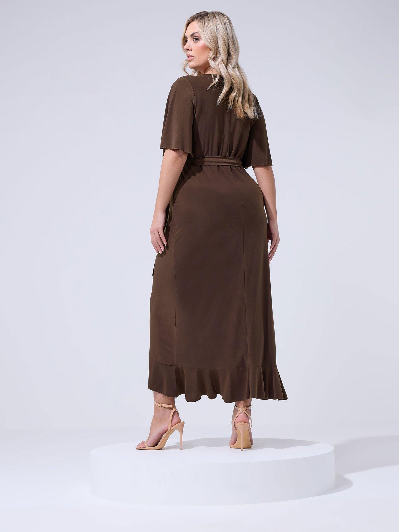 Image 2 of 5 of Yours Curve Ruffle Hem Wrap Dress - Brown