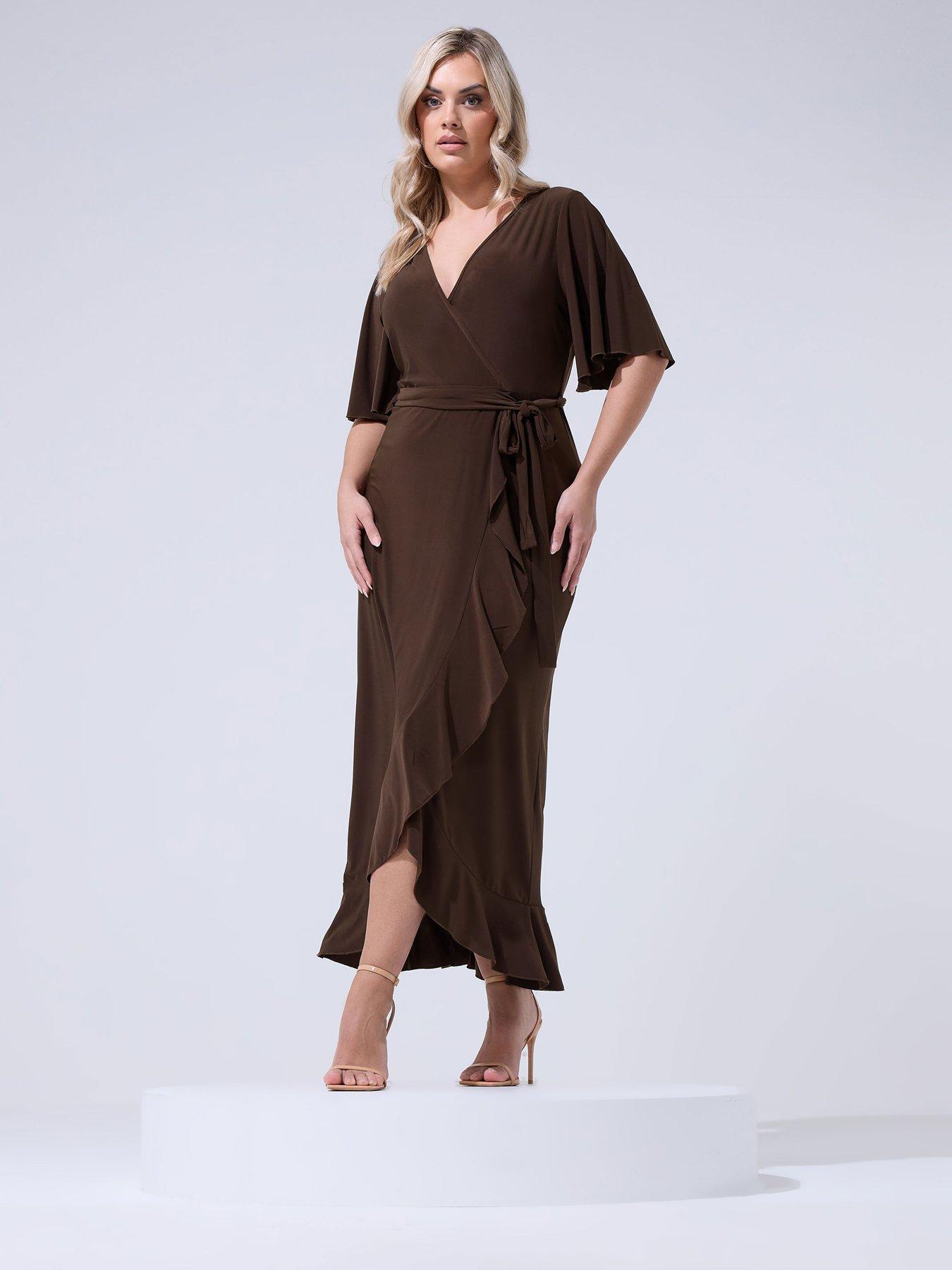 Image 3 of 5 of Yours Curve Ruffle Hem Wrap Dress - Brown