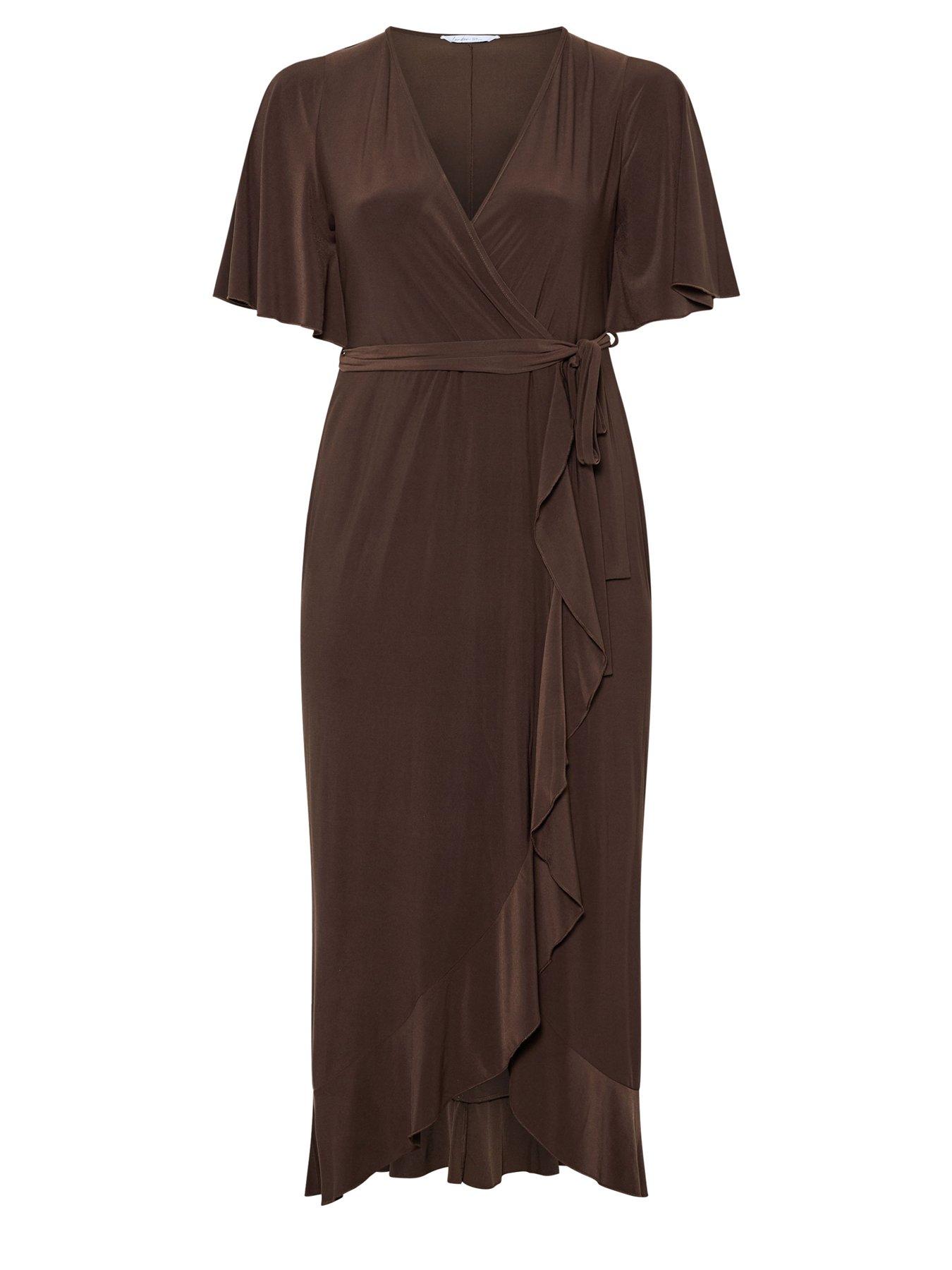 Image 5 of 5 of Yours Curve Ruffle Hem Wrap Dress - Brown
