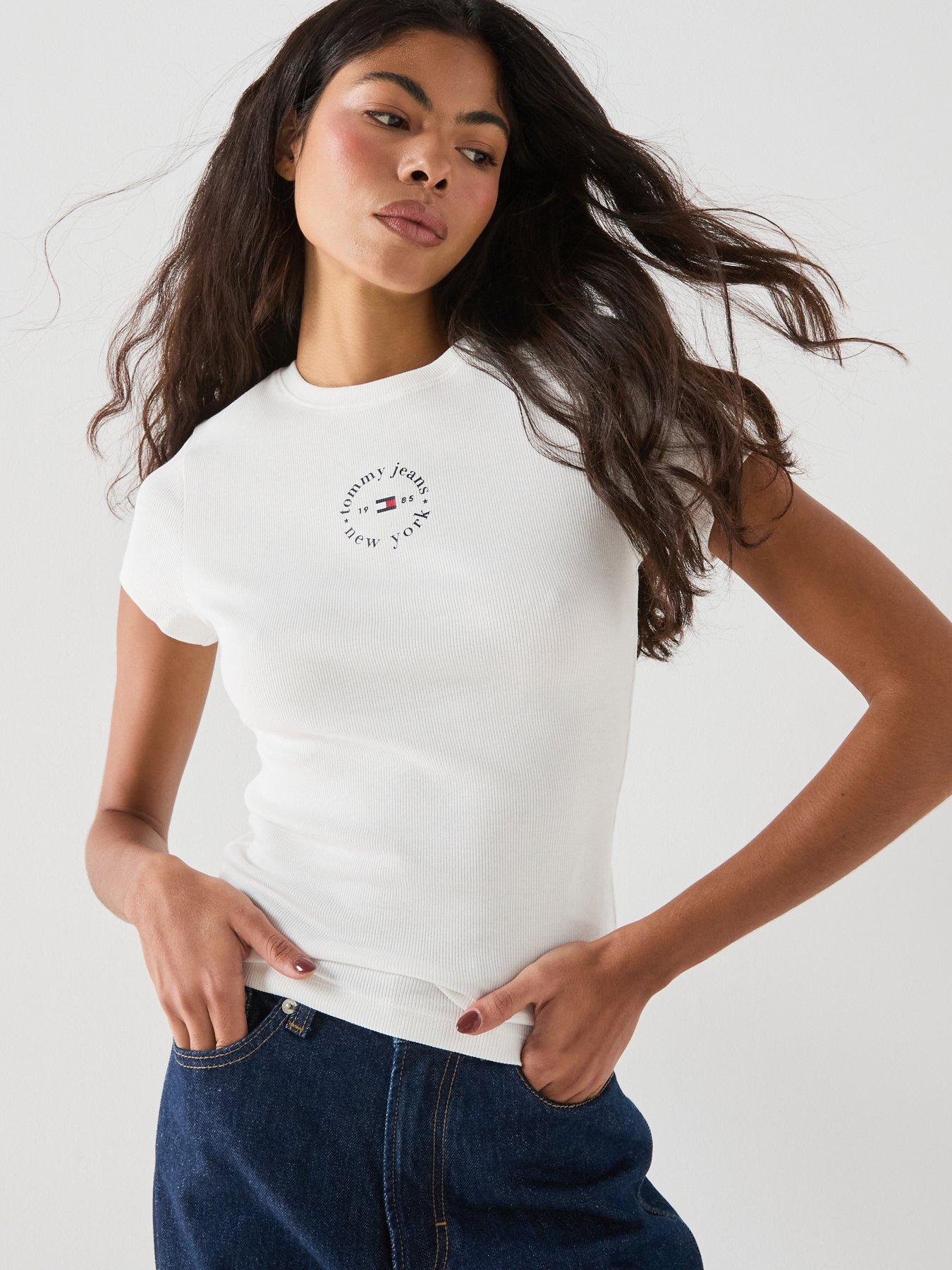 Tommy Jeans Tjw Slim Ess Logo2 Rib Tee Ext - Cream