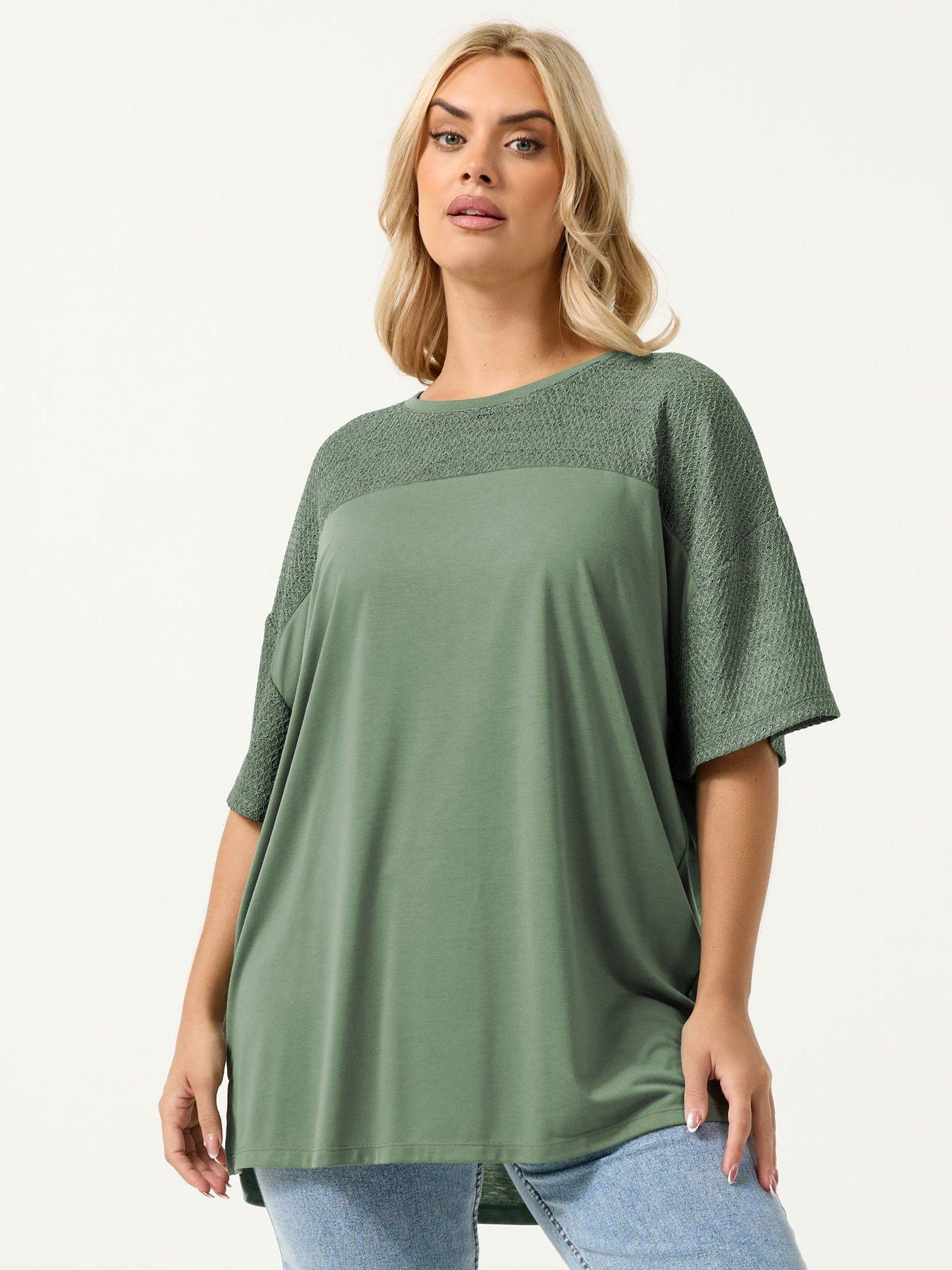 yours-curve-boxy-mixed-fabric-t-shirt-greenfront