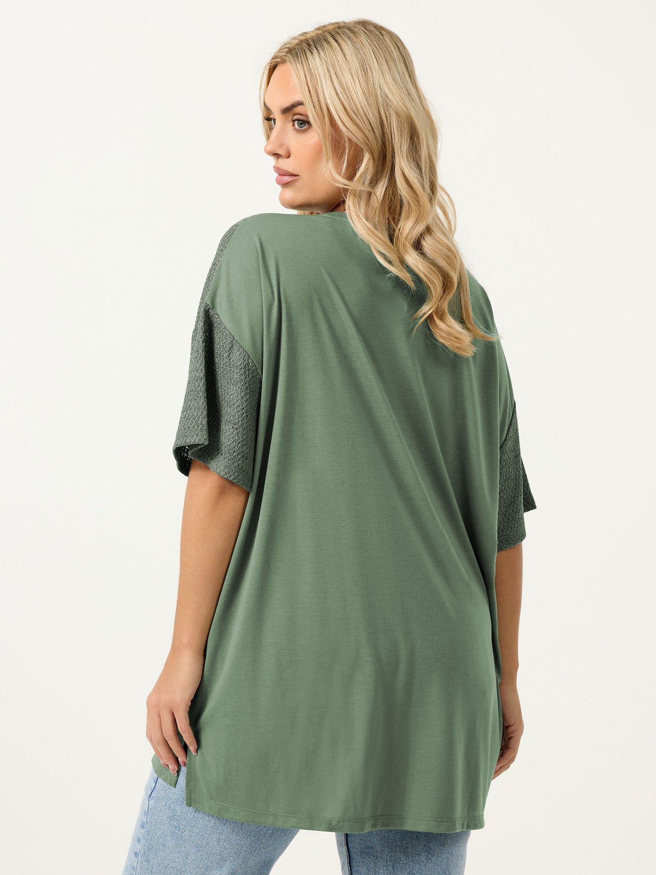 yours-curve-boxy-mixed-fabric-t-shirt-greenstillFront