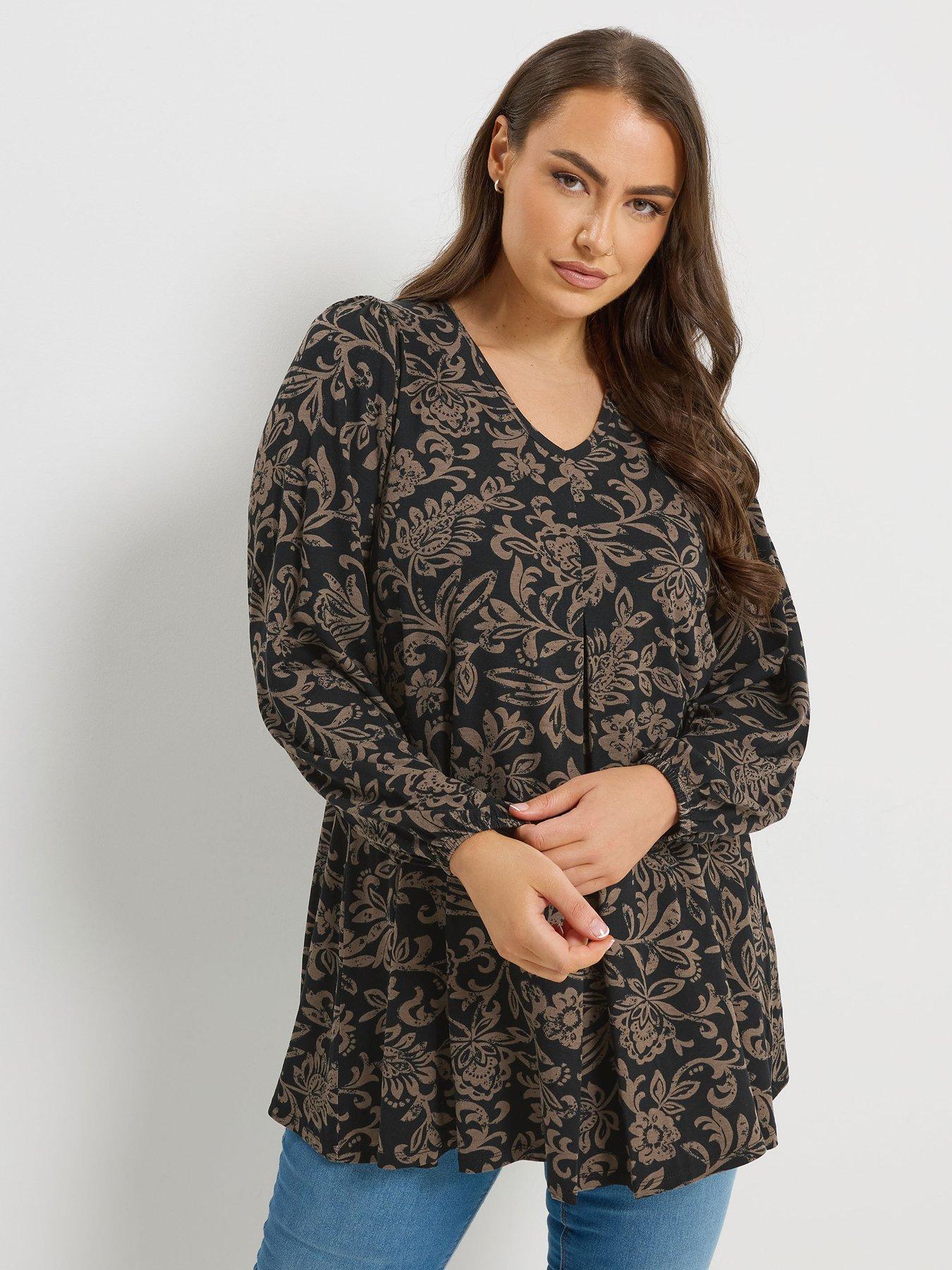 Yours Curve Long Sleeve Pleat Balloon Top - Brown