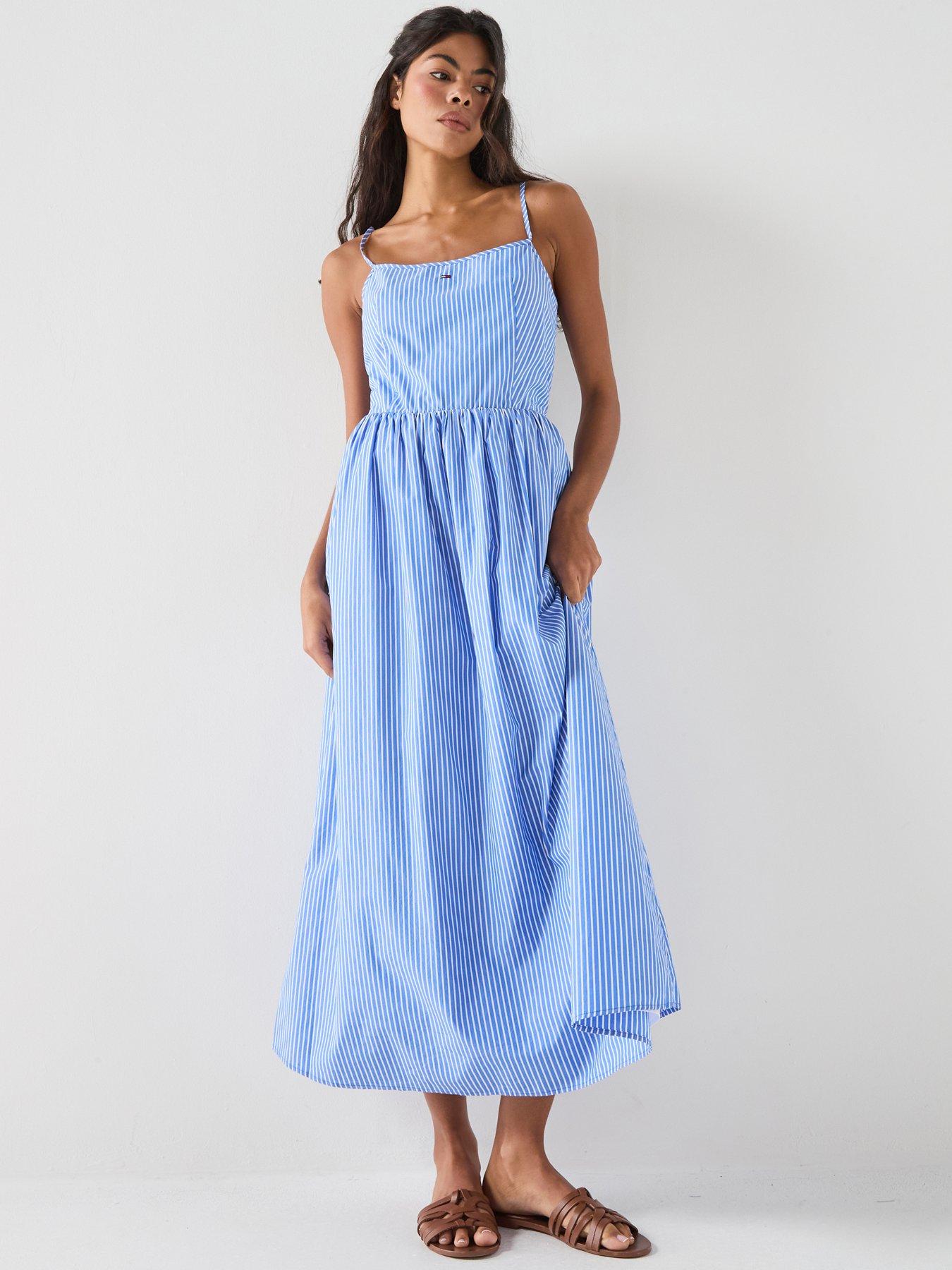 Image 1 of 5 of Tommy Jeans Crinkle Poplin Strap Maxi Dress - Blue