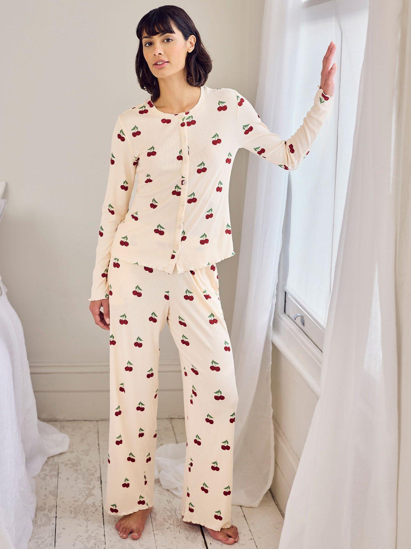 CHELSEA PEERS Cherry Stripe Print Cardigan Ribbed Long Pyjama Set - White