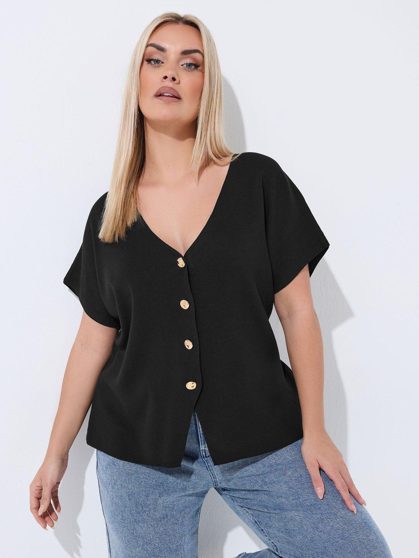 yours-curve-double-button-knit-top-blackfront
