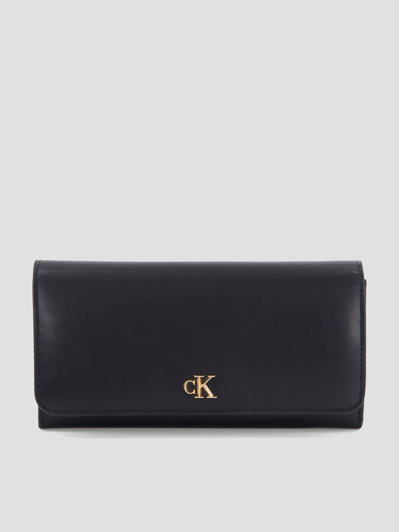 Image 1 of 4 of Calvin Klein Leather Monogram Plaque Flap Wallet - Black